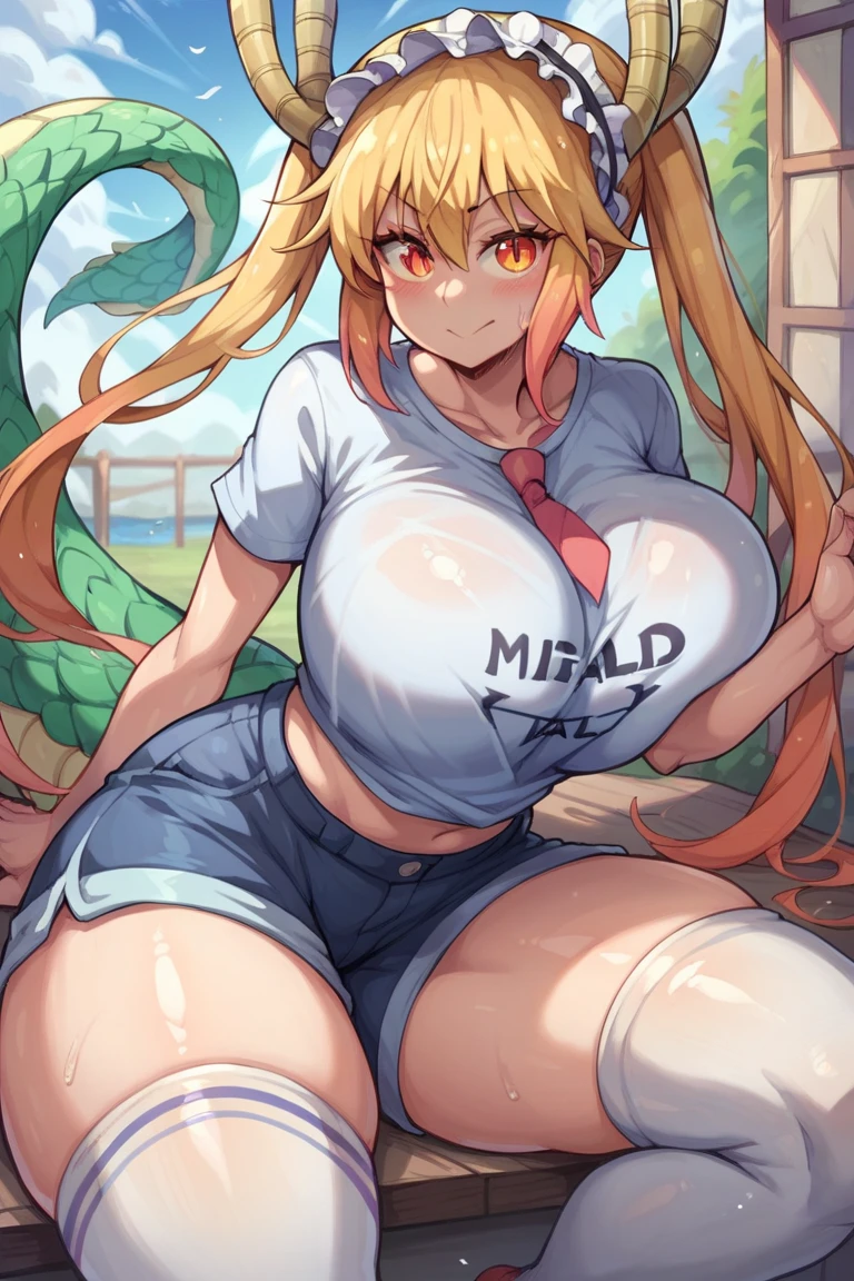 1 girl, game CG, plain black T-shirt, white short skirt, hair scrunchie, gigantic breasts, blonde, middle hair, side ponytail, green eyes, park, smile, open mouth, sit,