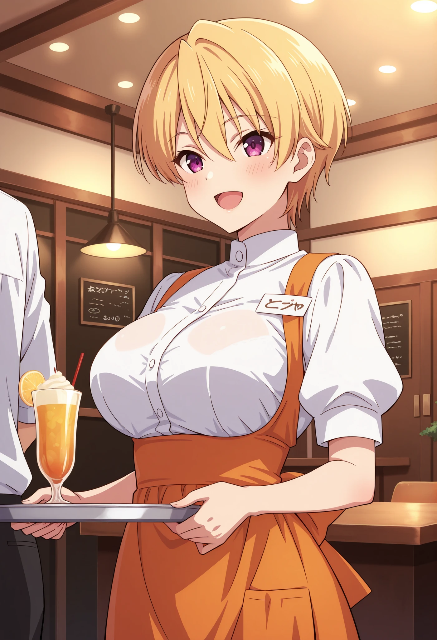 Score_9, score_8_up, score_7_up, source_anime, Haruki Azuma, solo, short hair, blonde hair, shiny hair, hair between eyes, bangs, purple eyes, large breasts, (best quality), (high quality), {masterpiece}, extremely delicate and beautiful, ultra-detailed, beautiful detailed eyes, anna miller, waitress, white shirt, short sleeves, puffy sleeves, orange suspender skirt, high-waist skirt, waist orange apron, name tag, restaurant, indoor, holding silver tray, smile, open mouth, standing