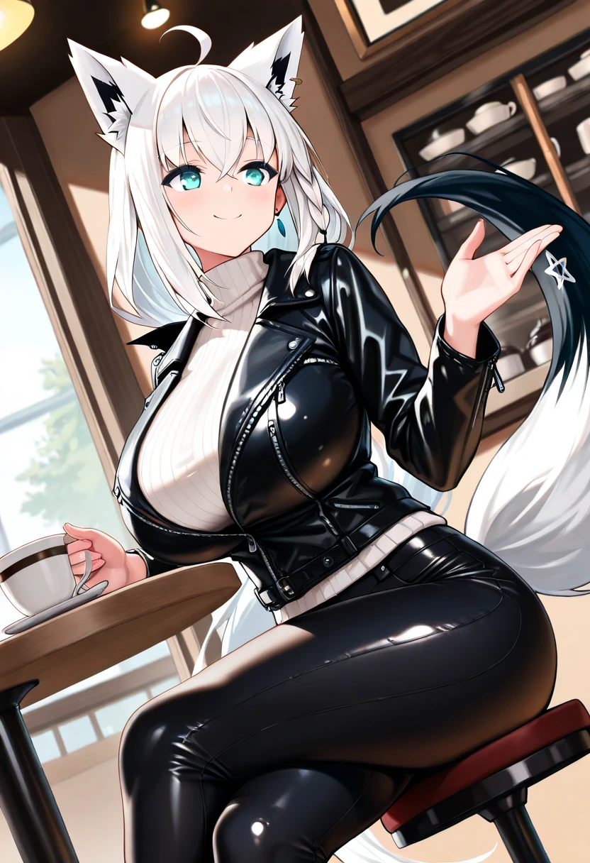 Perfect face, perfect hands. A white haired female cowgirl with green eyes with an hourglass figure with white wolf ears and a white wolf tail in a conservative cowgirl outfit is eating a dinner in a saloon