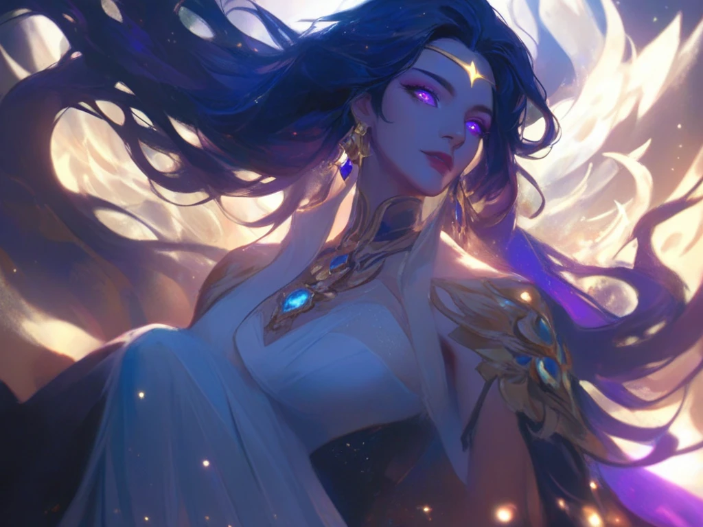 Very long cosmic dark blue hair with multicolors shade and purple, A mature woman with blue eyes shining with a supernatural aura, vue depuis le bas, dressed in a majestic dress, the surrounding water reflecting a golden glow on her gorgeous eyebrows, Her generous chest and perfectly drawn pink lips, close up