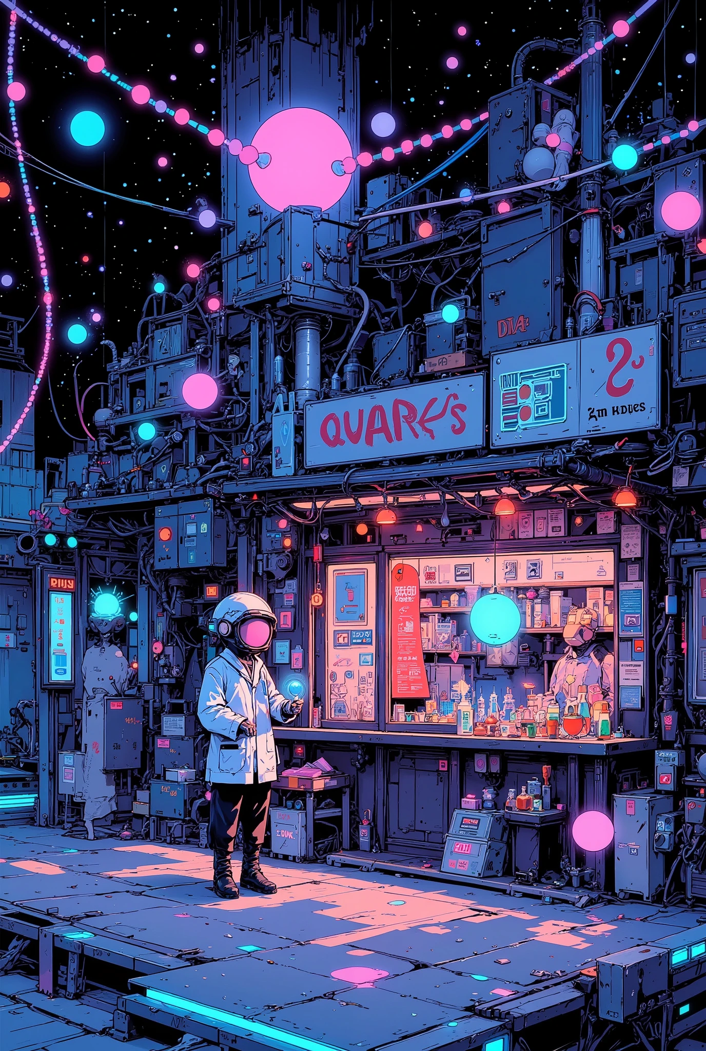 anime-style illustration of a surreal miniature shop standing directly on top of an intricate electronic circuit board, with glowing pathways and microchips stretching into the distance like a neon cityscape

the tiny shop is styled like a Japanese science-themed market stall, with wooden signs that say “Atoms for Sale” and “Fresh Electrons Daily!”, shelves lined with glowing particles in jars, and a chalkboard advertising “Anti-matter half off (handle with care)”

a miniature humanoid shopkeeper wearing goggles and a lab coat stands confidently behind the counter, using tweezers to hand over a glowing electron to a strange customer — a tiny robot insect, perhaps

surrounding the shop, data pulses through glowing copper traces like electric rivers, while ambient blue and green light reflect off the metallic surface, creating a sci-fi yet grounded feel

highly detailed anime-style, soft glowing elements, surreal micro-world atmosphere, cinematic lighting, trending on ArtStation, best quality, aidmamj6.1