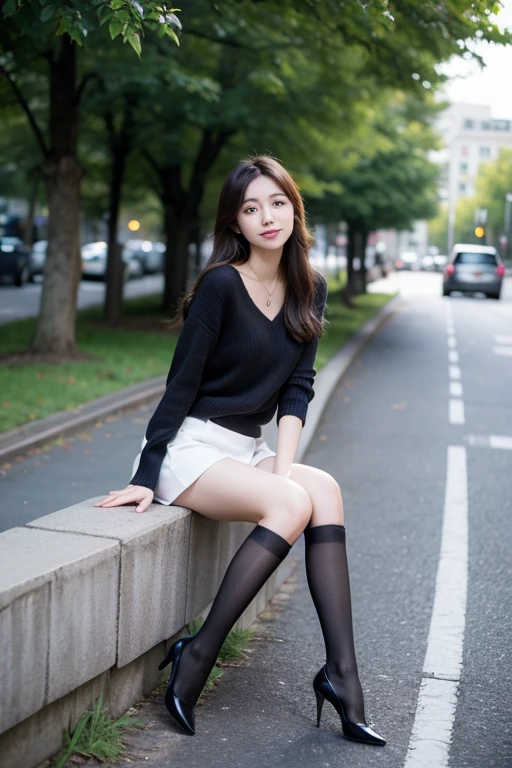 (whole body:1.5),(1 girl:1.3),(view viewer:1.4),(correct anatomy:1.3),(sit on a step:1.2),(Pink and blue elastic skirt :1.2),( Dim Grey Pantyhose:1.3),( The girl pointed out thick heels :1.1),(accurate and perfect face:1.3),hyper hd, ray tracing, reflected light, structurally correct, Award-winning, high detail, Brighten the contrast of shadows, face lighting ,cinematic lighting, masterpiece, super detail, high quality, high detail, 最high quality, 16k,high contrast,