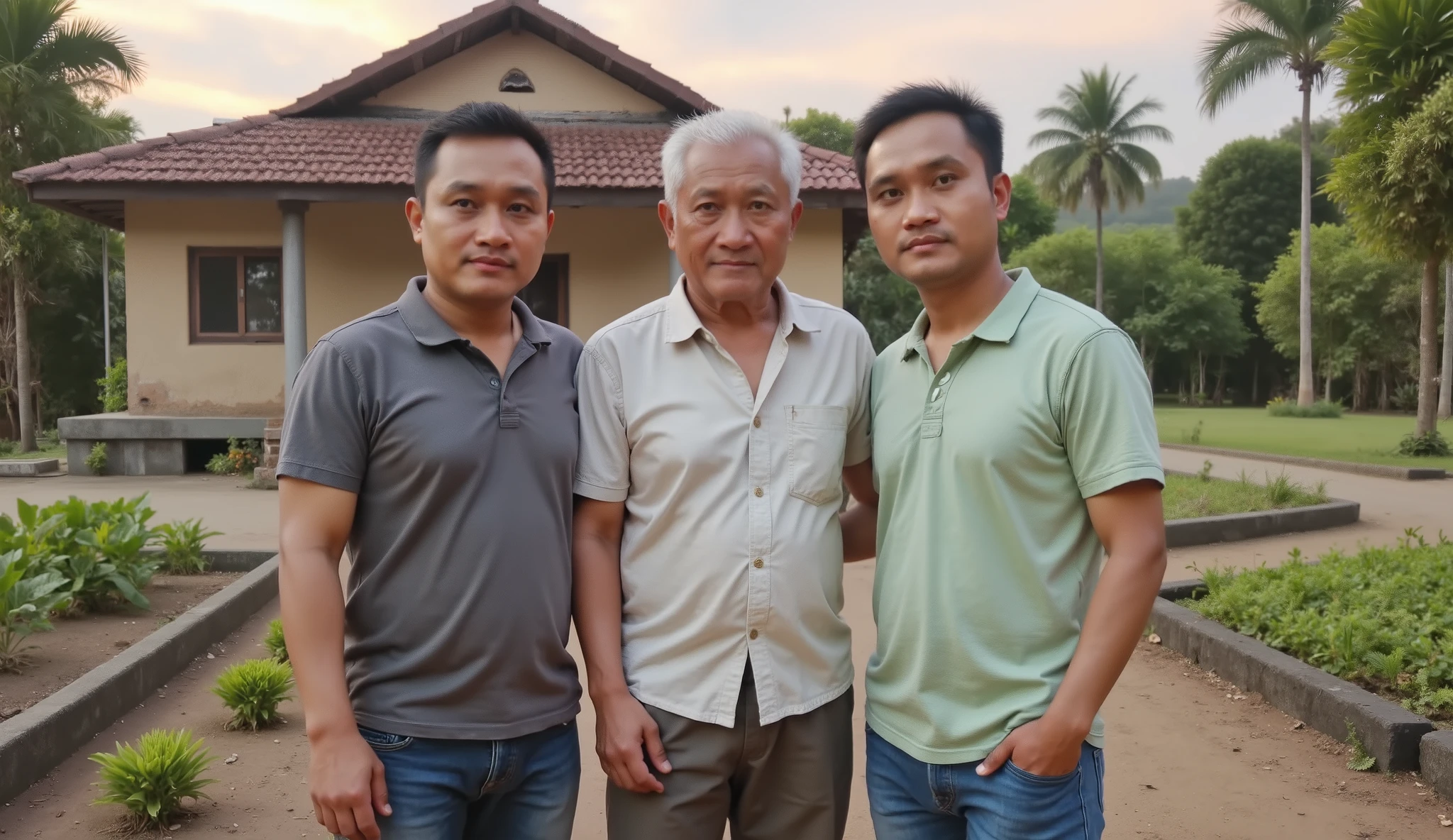 An elderly Indonesian man, around 60 years old, standing outside an old rural house with his two adult sons, 5 and 27. All three are casually dressed and appear close, standing together in front of a well-maintained plantation. The plantation is lush, green, and orderly — with rows of crops or fruit trees in the background. The old house behind them has aged wood, clay roof tiles, and a traditional rustic style. The elderly man has short white hair and a calm expression. His two sons stand near him, looking strong and content. The scene is outdoors during the day with natural, warm lighting. All three men are clearly visible with realistic Southeast Asian features.