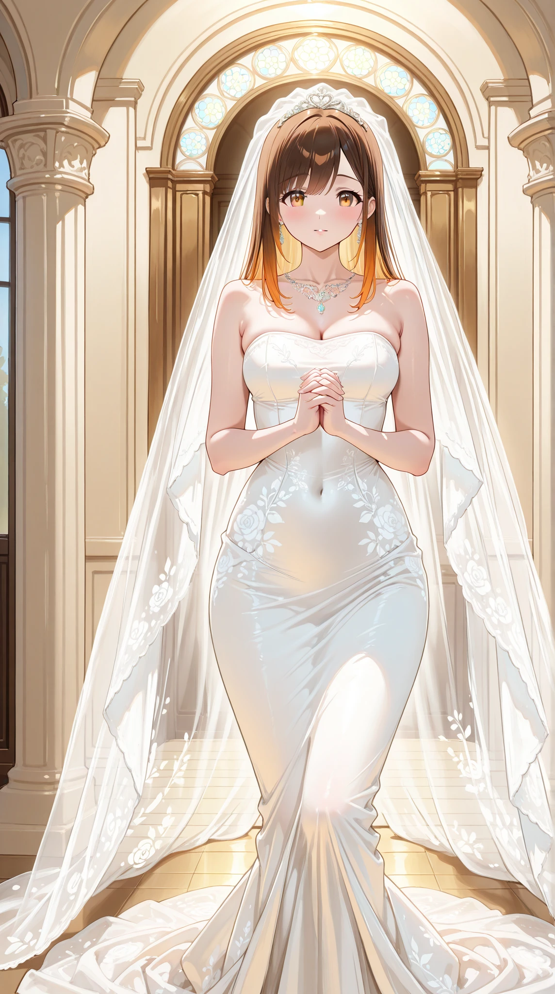 ((Highest quality)), ((masterpiece)), (detailed), （Perfect Face）、The woman was Princess Leona, with long light brown hair and a gorgeous, glittering wedding dress and wedding veil.、On a luxurious, large bed, a woman is having sex with an old man in a white tuxedo from behind.、The woman has long hair