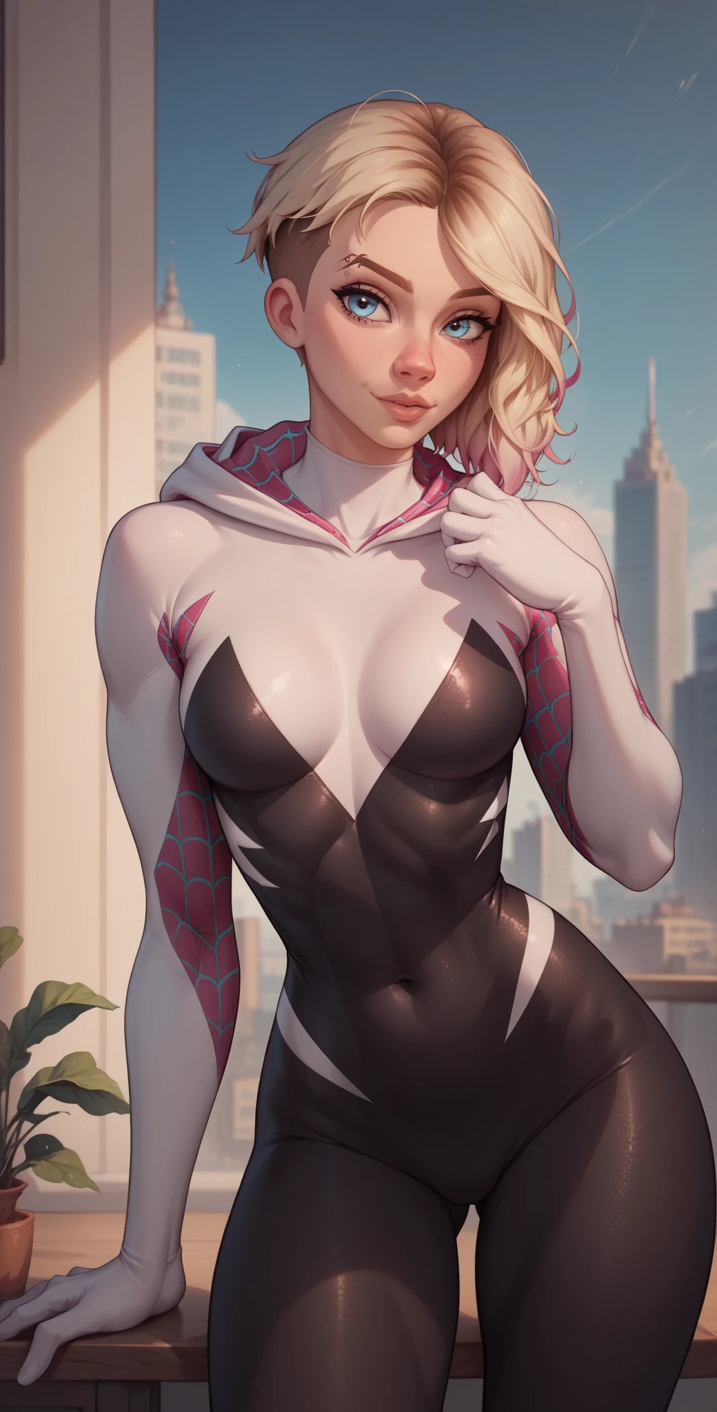 (La Best Quality,A high resolution,Ultra - detailed,actual),Spider -gwen standing in a city at night, araña-gwen, araña - gwen, (spider gwen:1.4) , (Gwen Stacy:1.4) ,,(Ruined dungeon ruins background:1.4 ), in the Artgerm Style, Artgerm Style, Artgerm Style, graphic artist artgerm, Betty Cooper, comic artgerm, in artgerm style, as seen on artgerm, Epic Fantasy Art Style HD, 4K fantasy art, epic fantasy digital art style, epic fantasy art style, Fantasy Woman, epic fantasy art portrait, Epic fantasy style, hyperrealistic fantasy art, hd fantasy art, Epic fantasy character art, epic fantasy art, in style of dark fantasy art, epic fantasy digital art, (perfect anatomy :1.4),( cinematic lighting :1.4), (uniform lasts white), More detailed 8K.unreal engine:1.4,UHD,La Best Quality:1.4, photorealistic:1.4, skin texture:1.4, Masterpiece:1.8,first work, Best Quality,object object], (detailed face features:1.3),(Beautiful blue eyes),  (cowboy pose)