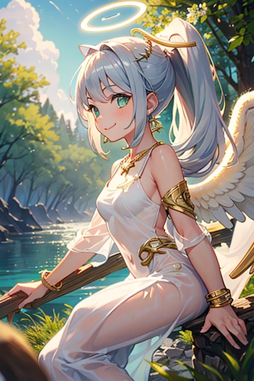 Exotic,bandagens,shorter pants,forest backgrou,Barefoot,Anklets,White color hair,High ponytail,Surrounded by falling flowers and butterflies,ssmile,Lilac eyes,Dark green cape,Dark green bandeau,Bandages on the legs