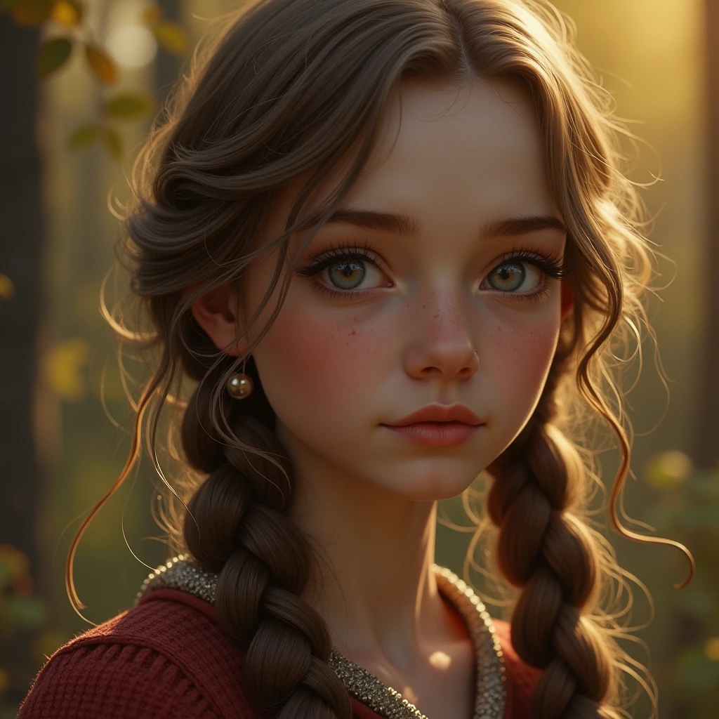 women
age 25
sweet
long brown hair
plait in her hair
green eyes
long red black dress
smile
2 speckle under her eye