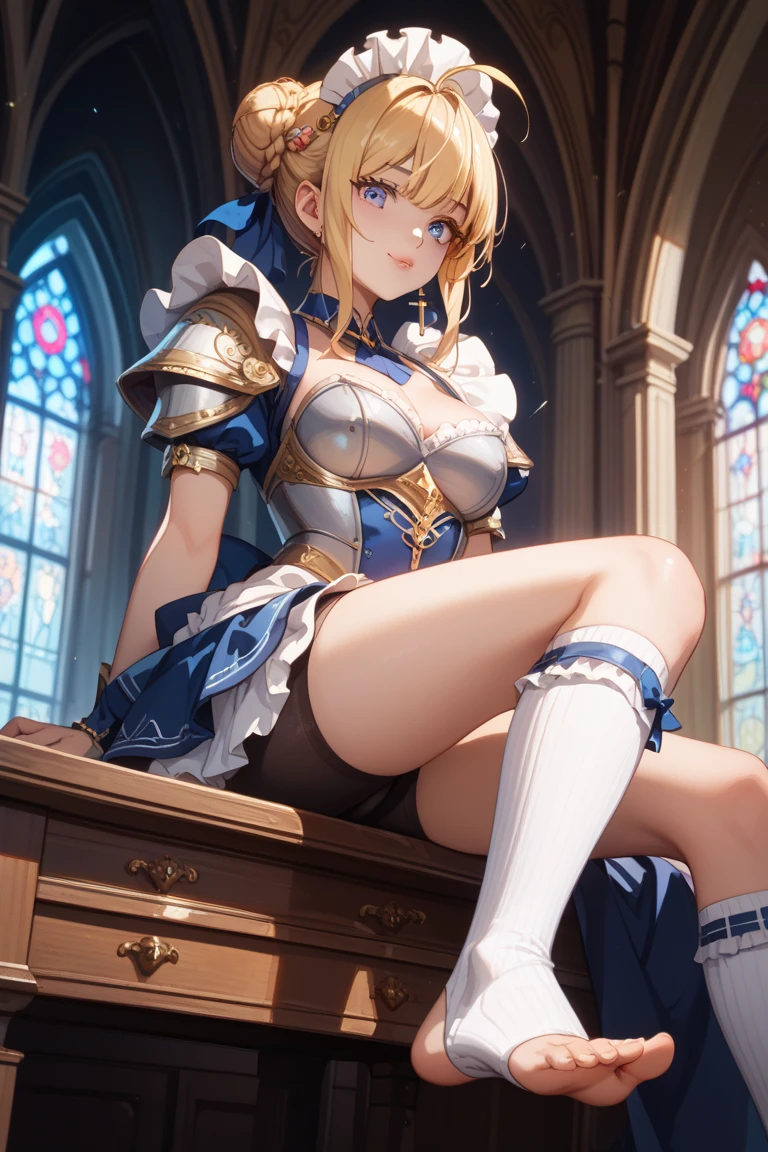 masterpiece、Highest quality、Ultra-high resolution、Maximum resolution、Very detailed、Professional Lighting、anime、Adult female、thin、so beautiful、Beautiful Face、Maid uniform long skirt、((Blue and white armor))、Shiny Armor、Holding a bow、Gold earrings、blonde、Purple eyes、Pink Lips、In front of the entrance、Full Body、 Bent body、Lie in, Look to the side, Worried face, Female genitals in full view, Drunk look, Hot body、Sweaty、