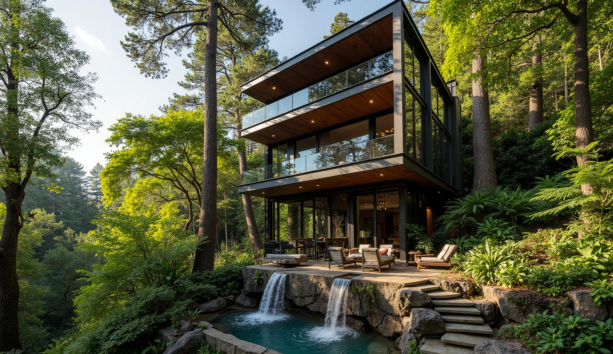 (Treehouse on a giant redwood:1.5),(Modern 3-storey mansion standing on a giant tree:1.5)、There is a luxurious pool、A waterfall cascades down from natural bedrock,