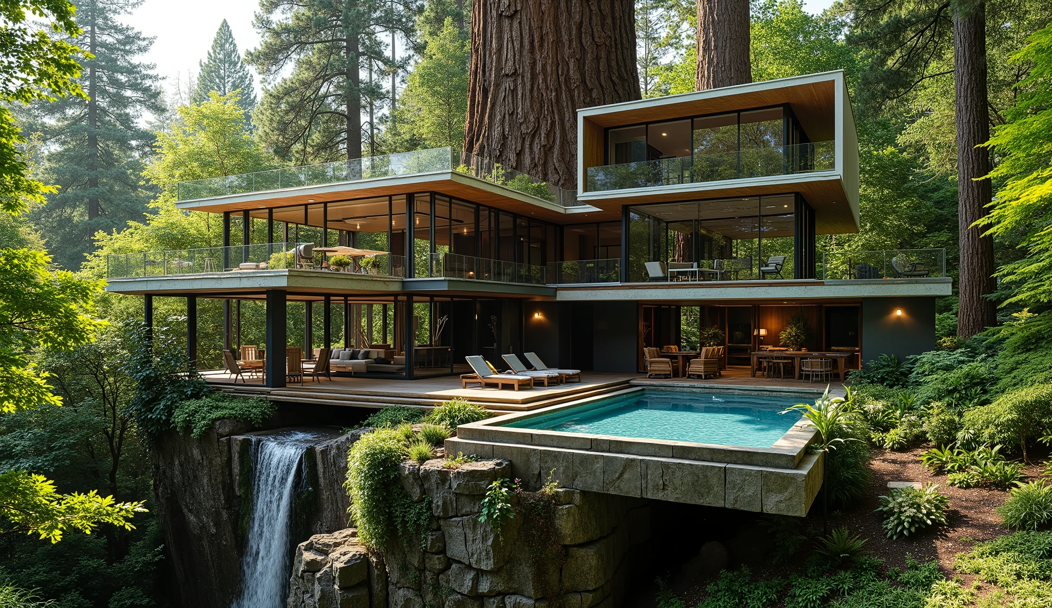 (Treehouse on a giant redwood:1.5),(Modern 3-storey mansion standing on a giant tree:1.5)、There is a luxurious pool、A waterfall cascades down from natural bedrock,