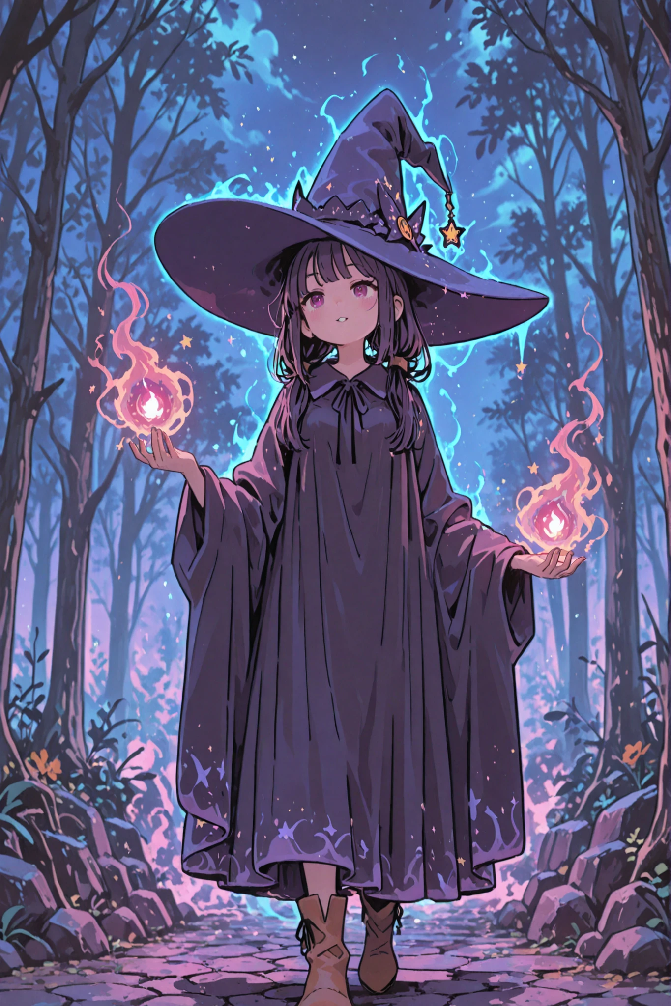 Witch girl in the big magic hat, very enthusiastically conjuring a powerful spell