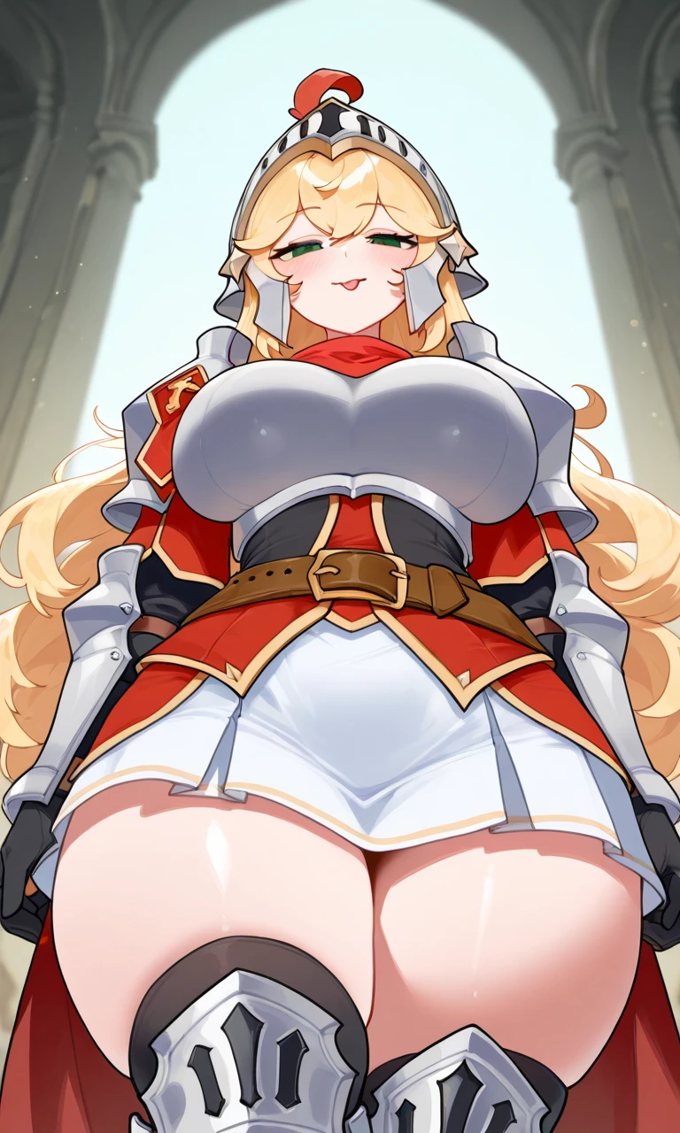 (((kipteitei art))), ((masterpiece)), (((best quality))), ((ultra-detailed)), detailed face, ultra cute face, detailed body, (((illustration))), (1girl), (solo), ((Line art)), (in the style of cell shaded), (vivid colors), skindentation, fantasy world, (medieval fantasy town), isekai, looking at viewer, cowboy shot, facing to the side, reserved pose, long blonde hair, one braid, Fluffy hair, blue eyes, seductive smile, blush, closed mouth, reserved, long red robes, priestess robes, thigh highs, ((tight clothes)), large breasts, sagging breasts, cleavage, (wide hips), ((thick thighs)), fat ass, ((plump)), hands behind back,