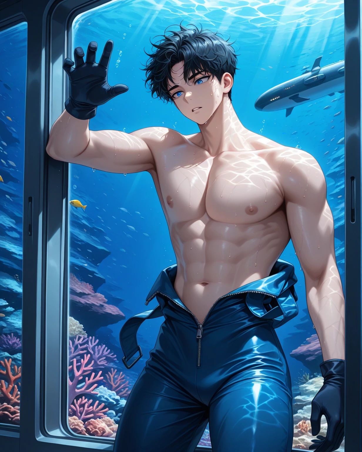 masterpiece,best quality,high quality,extremely detailed,(2 male austere handsome men, adult age 30 years old:1.5),(purple eyes, cool with suspended eyes), strong and fearless body, 8.5 head tall and 185cm tall,(well-groomed black short hair to neck:1.4), (bangs parted in thirds:1.4), (pectoral and rectus abdominis muscles:1.3), slender nose, facial muscles, (saltwater pants:1.3), (hand on neck:1.3), (scowling smile:1.3), (swimming:1.3), (stylish pose), (background deep sea underwater:1.3)