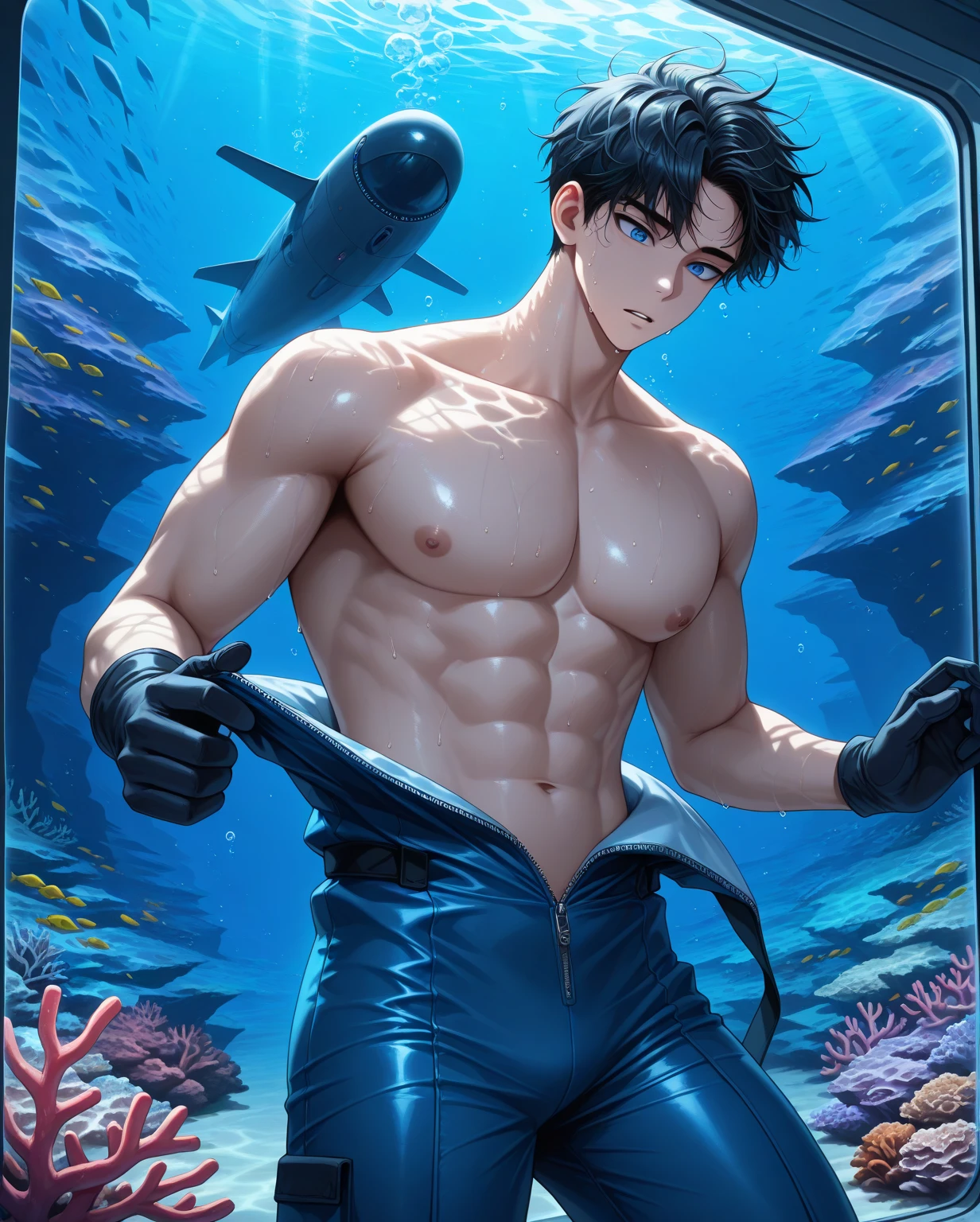 Full body image, Boy 18 years old, big muscles, shirtless, short hair, sexy, tired face. Sexy poses under the sea, armpit hair, Bottom view from the back