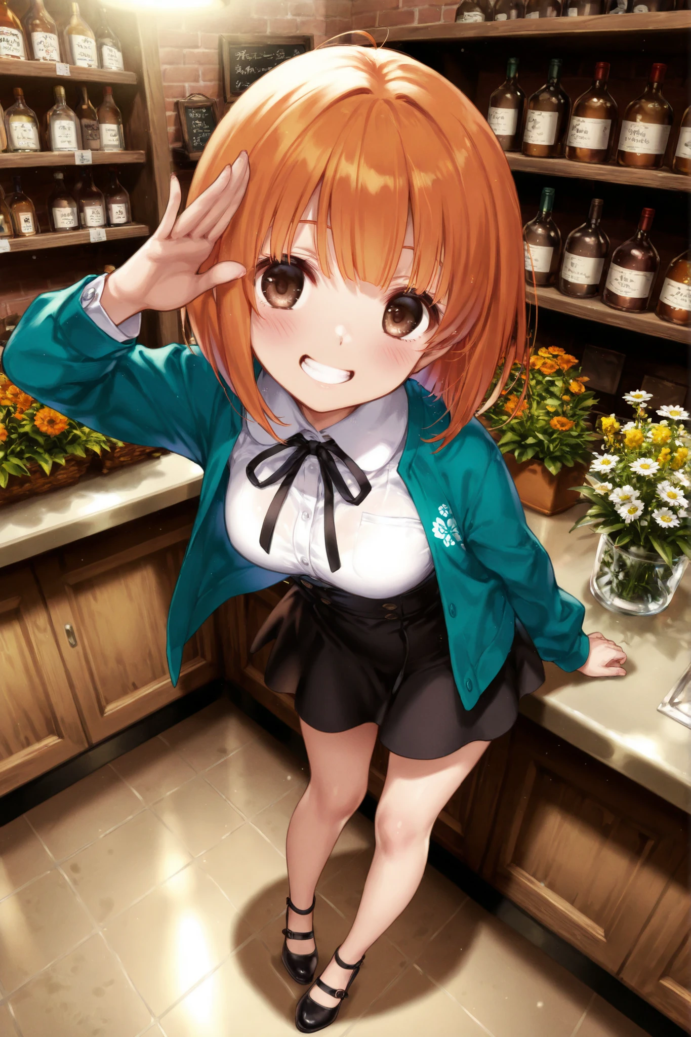 orange bob hair、brown eyes without goods、petite、young、Big Breasts、Full Body、One person、Smiling、ウィンクする、かわいいFloristの店員、Florist、across the counter、front、high quality、4K、8K、high resolution、masterpiece、Super Detailed、Studio Lighting、professional、vivid colors、