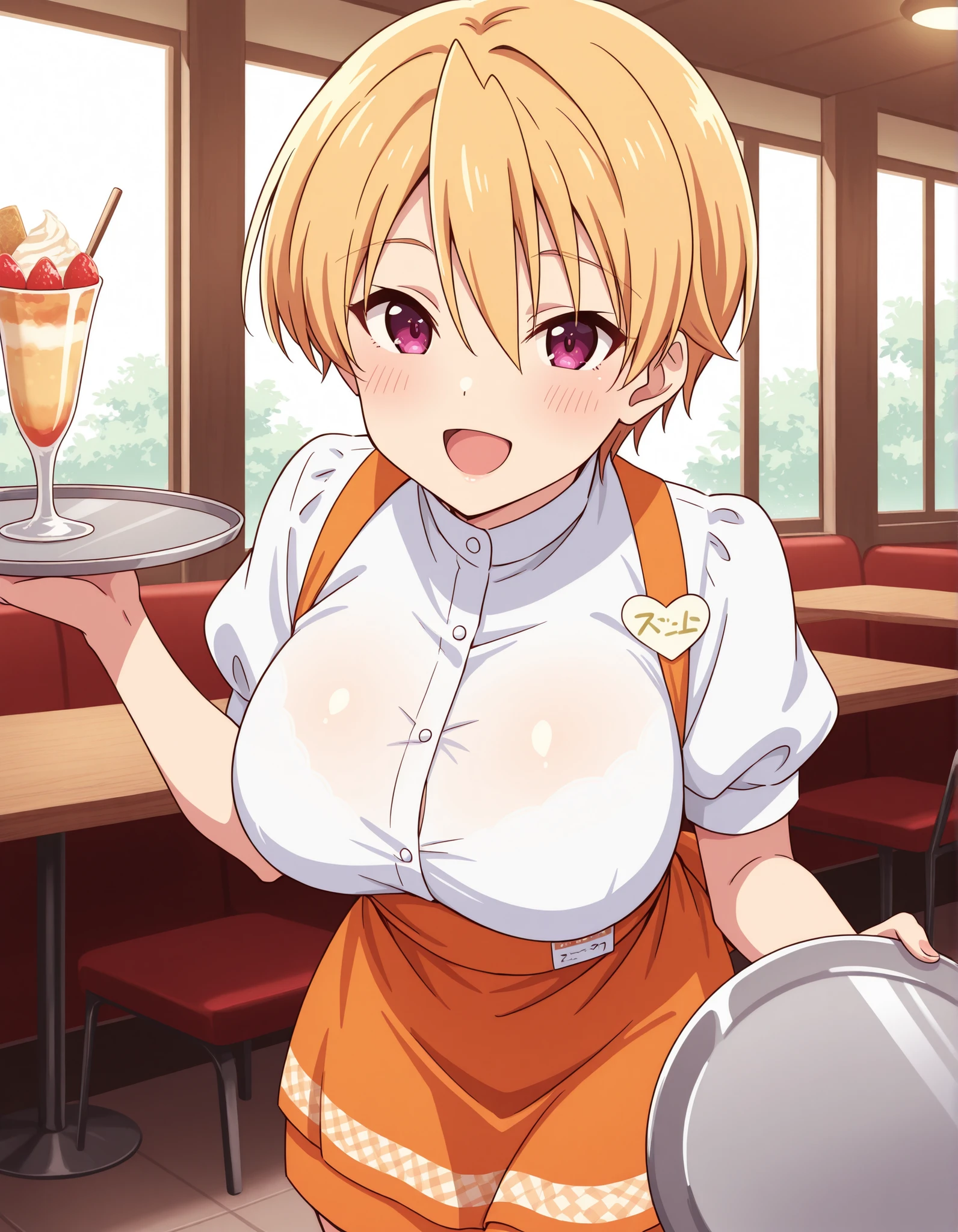 Score_9, score_8_up, score_7_up, source_anime, Haruki Azuma, solo, short hair, blonde hair, shiny hair, hair between eyes, bangs, purple eyes, large breasts, (best quality), (high quality), {masterpiece}, extremely delicate and beautiful, ultra-detailed, beautiful detailed eyes, anna miller, waitress, white shirt, short sleeves, puffy sleeves, orange suspender skirt, high-waist skirt, waist orange apron, name tag, restaurant, indoor, holding silver tray, smile, open mouth, leaning forward