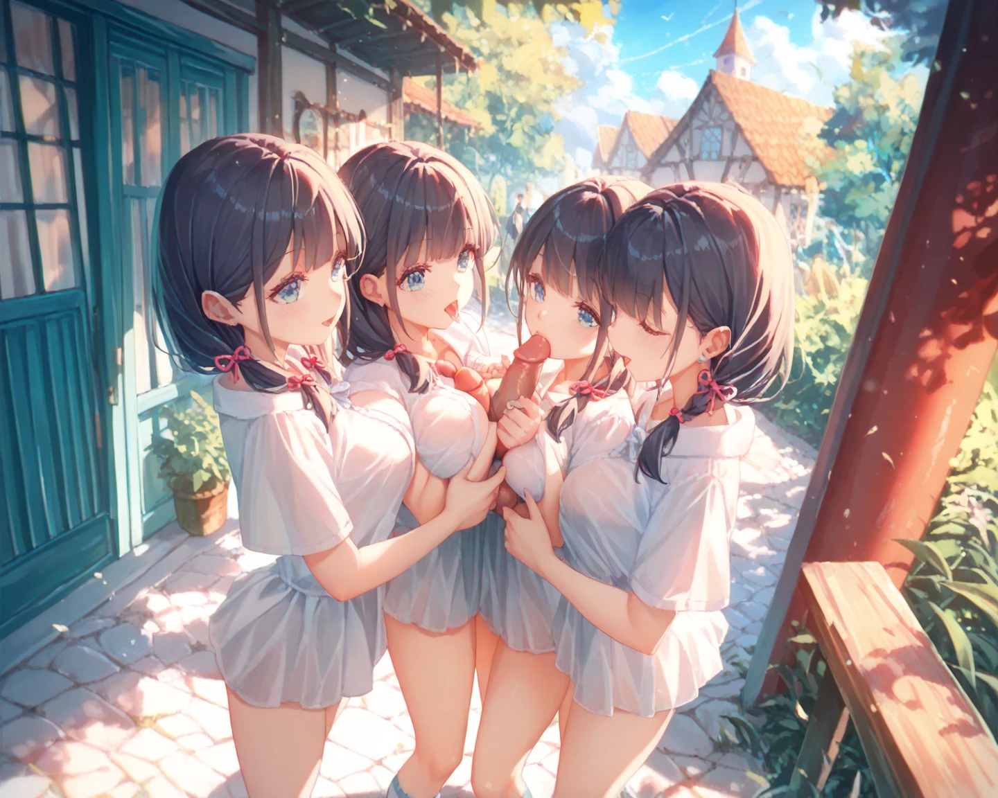 Very detailed, Highest quality, High resolution, Moe Anime, ((Three s in gym clothes hugging each other:1.2)), (Black Hair:1.4), (Baby Face), Cute eyes, Detailed eye depiction, Eyes sparkling, Dark eye color, View your audience, Pale skin, (Big eyes:1.4, Droopy eyes:1.4, Torogao:1.4), Focus on the face, In the park with cherry blossoms falling, ((Bloomer)), ((camel toe)), ((The lower half is naked)), Bright Eyes, ((Nipples are visible through the fabric)), ((Petite)), ((Young)), ((nsfw:1.2)), (Flat Chest:1.4), ((Different hairstyles:1.4)), smile, (Slightly below:1.4)