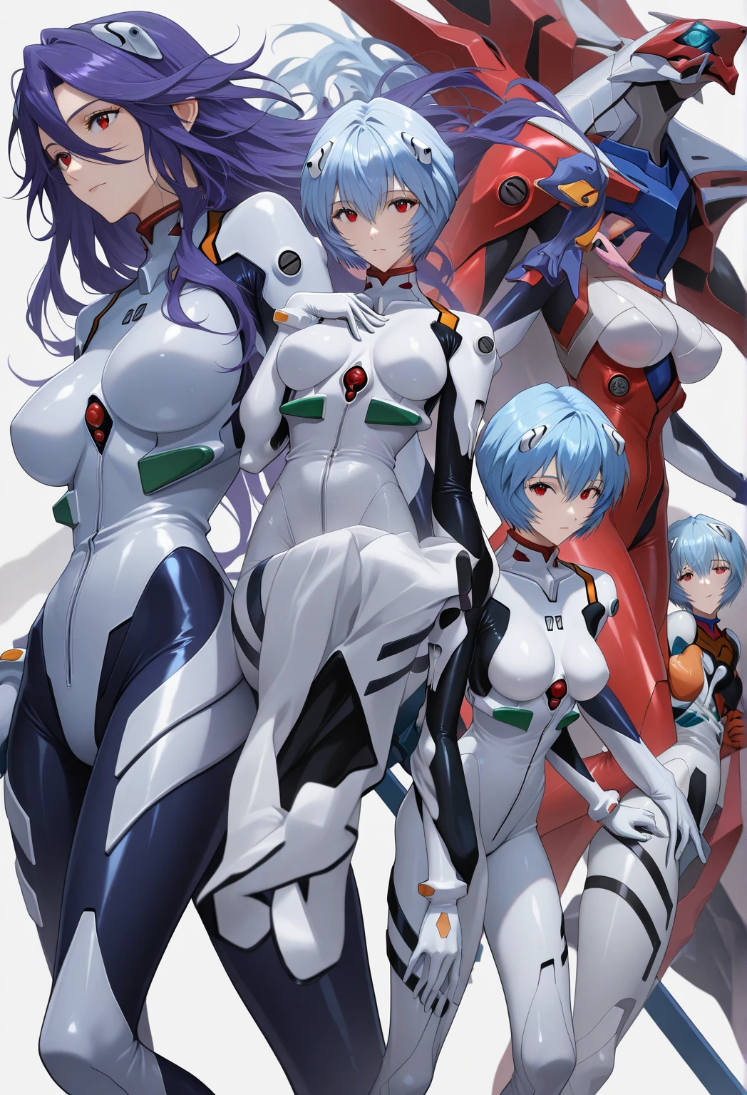 Ayanami Rei from Neon Genesis Evangelion, wearing a highly detailed, ultra-glossy latex version of her signature white plugsuit (Unit-00 design). The catsuit is skintight and made of reflective white and black latex with accents of orange, red, and green, hugging her body with perfect form-fitting precision. Her blue bob haircut is styled with hairclips, and her red eyes glow with soft emotion. She holds the Lance of Longinus with both elegance and power, in a calm and poised pose. The lighting emphasizes the shine of the latex and adds depth to the scene. Background: futuristic metallic or urban setting. Style: hyper-realistic anime rendering, cinematic lighting, 4K details, perfect symmetry, latex texture reflections, elegant posture, focus on suit gloss and character fidelity.