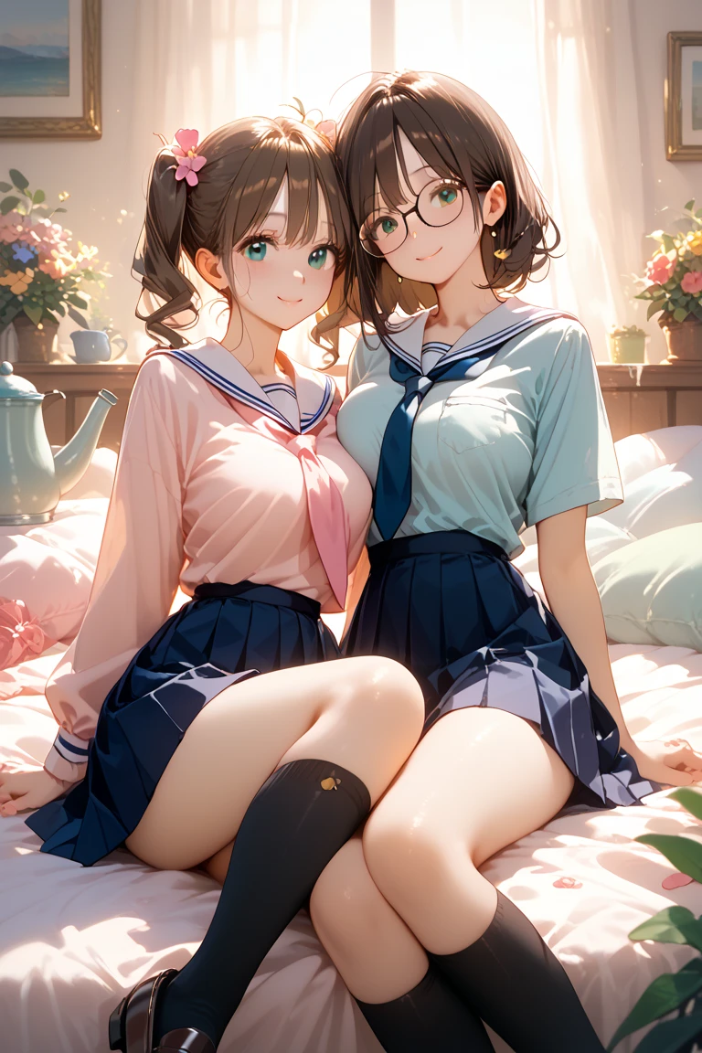 2 girls, smile, shirt, skirt, (small),((classroom:1.5))、、(blush:1.3)、((青いチェック柄のskirt:1.5))、Cowboy Shot、(skirt lift:1.3),(非常に詳細なpanties:1.3)、(非常に詳細なpanties:1.3)、、(skirt that rolls up:1.3)、(まる見えのpanties:1.5)、,((Pure white cardigan)),(((Luxury underwear)))、((Black embroidered underwear))),(((panties、Embroidery pattern)))、