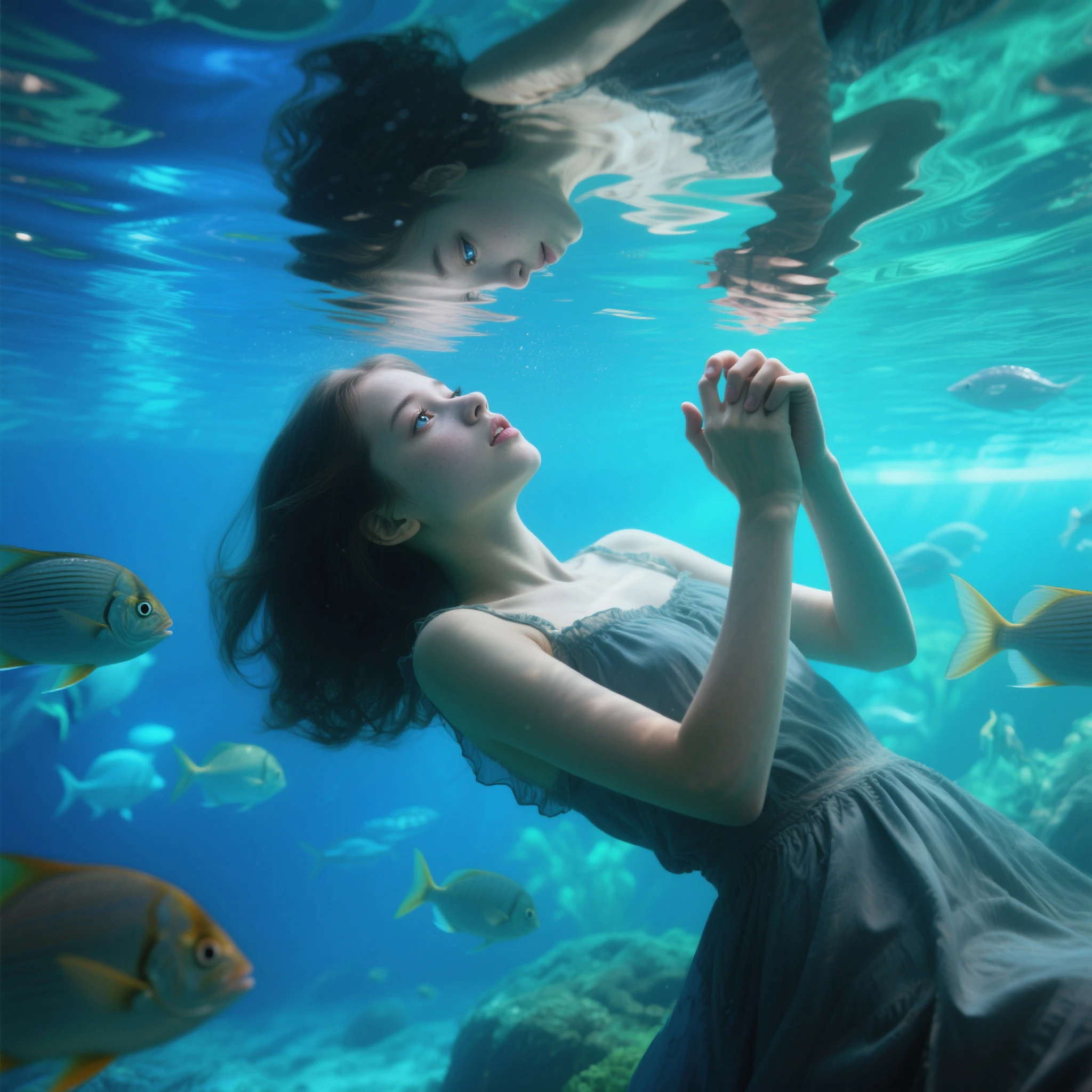 1girl, high quality,4k photo, barefoot, caustics, swimming, underwater, dress, OCEAN, afloat, long hair, black hair