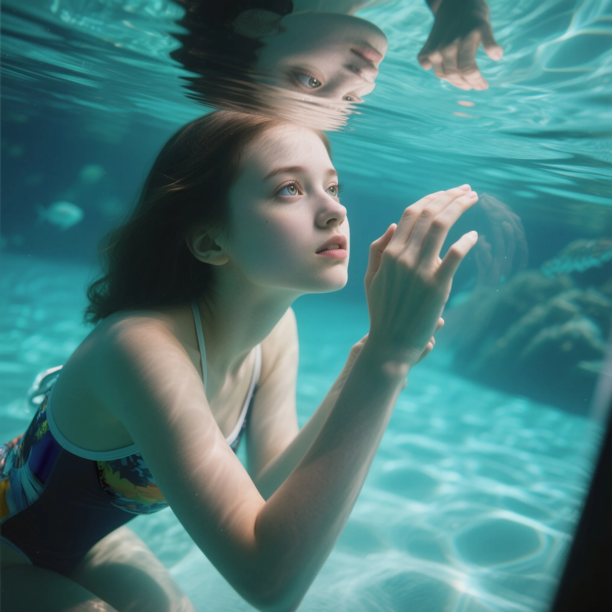(girl swimming), (deep underwater ocean), (((eyes are looking at camera))), blowing bubbles towards camera, (((fleshy lips))), (pouting), (bending backwards), tilting her head sideway, (very long neck), (very narrow hips), (((very small breasts))), ((iridescent tight rubber leotard covering torso and neck)), creased and tattered turquoise fabric, cameltoe, (((very short legs))), ((spreading legs)), arms are floating slightly behind her, weightless disheveled hair, sunlight from above, realistic oil painting render, exaggerated perspective, (tyndall effect), NSFW