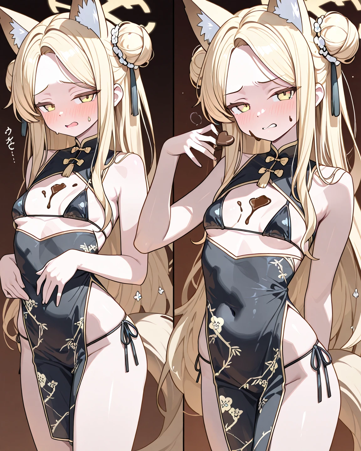 anime, (high quality, detailed, beautiful), shiny, detailed beautiful eyes, outstanding, countershading, detailed soft lighting, an exquisite animation illustration, score_9, score_8_up, score_7_up, source_anime, anime screencap, anime coloring, sidelighting, shiny luminous, 1girl, blonde hair, long hair, blue eyes, forehead, double bun, braided bun, twintails, sidelocks, keyhole, forehead mark, one-piece swimsuit, dress swimsuit, polka dot bow, orange bow, white headgear, Mitre, standing, smile, open mouth, indoors, church, sunlight, shiny skin, wet skin, very sweaty, very wet skin, steaming body, awkward smiles, blush, bent over, ass, from behind, looking at viewer, cowboy shot, expressiveh, attractive poses, poop, pooping,