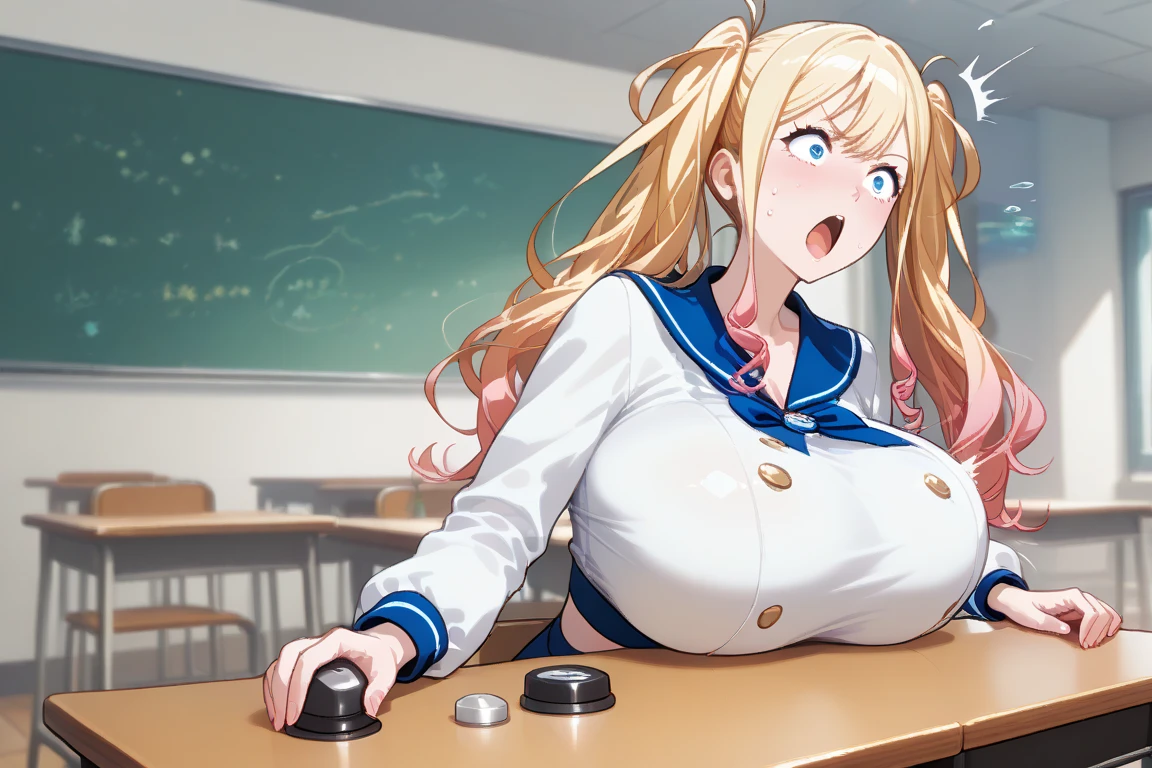 1girl,(cum:1.1),cum on face,facial,cum on body, bukkake ,sitting ,school uniforms ,gigantic breasts, cleavage