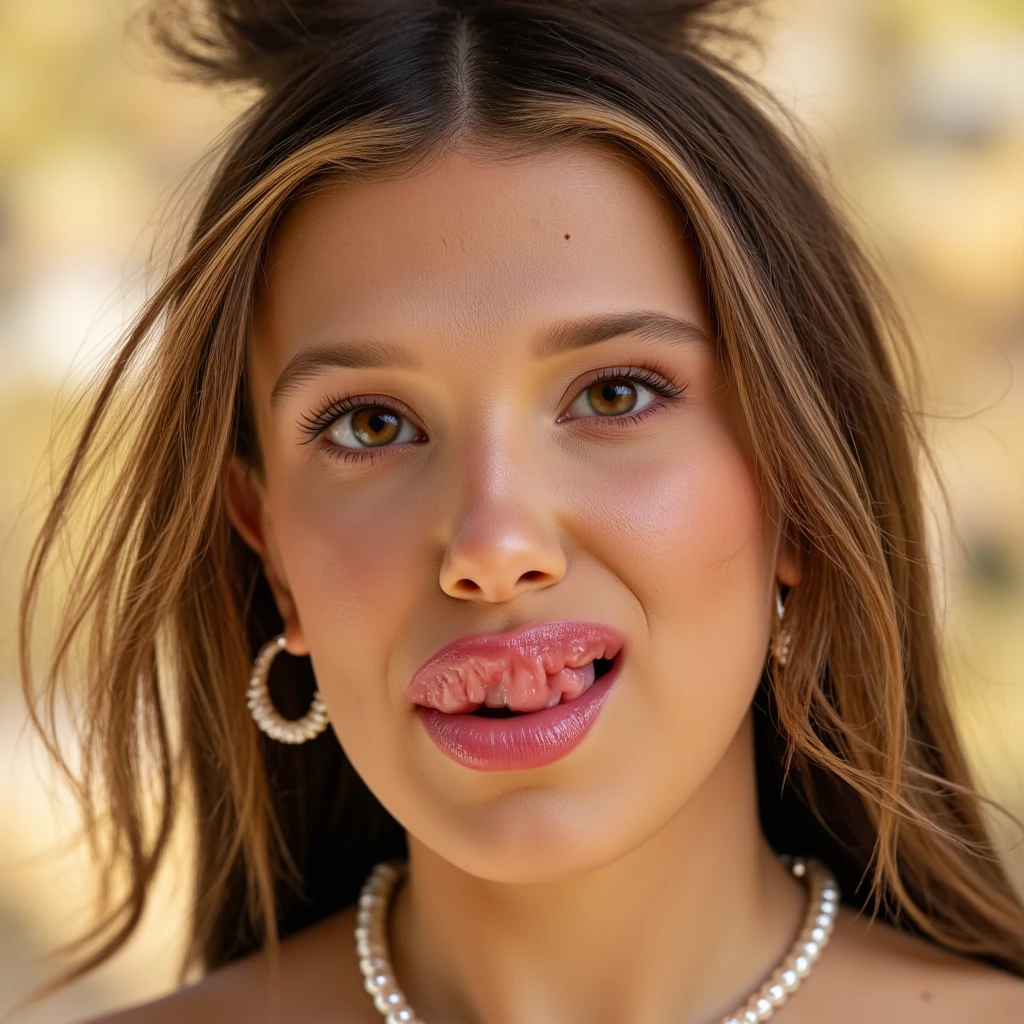 Large plump Bimbo lips, match face features, match lip color, match skin, match lighting, super realistic