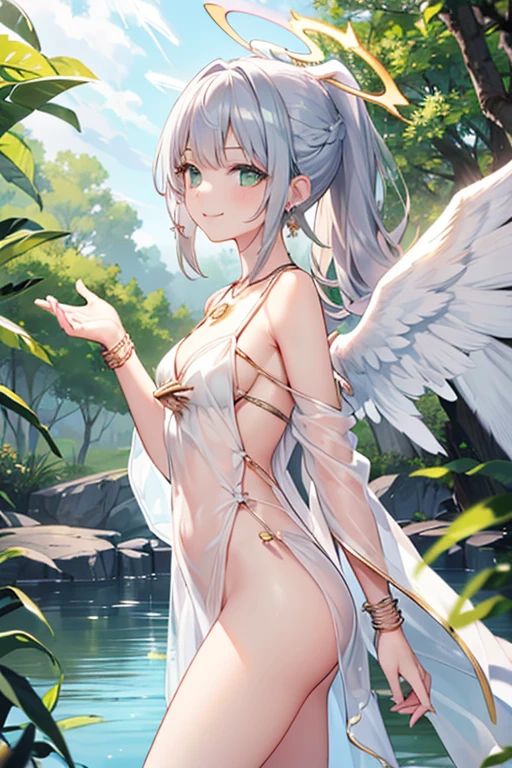 NSFW,masterpiece,Highest quality,High resolution,Very detailed,Girl,Silver Hair,long hair,Golden Eyes,Small breasts,Short height,Angel,wing,Glittering dresses,gem,Decoration,In the forest at night,Lakeside,Starry Sky,Bad Smile,Brat