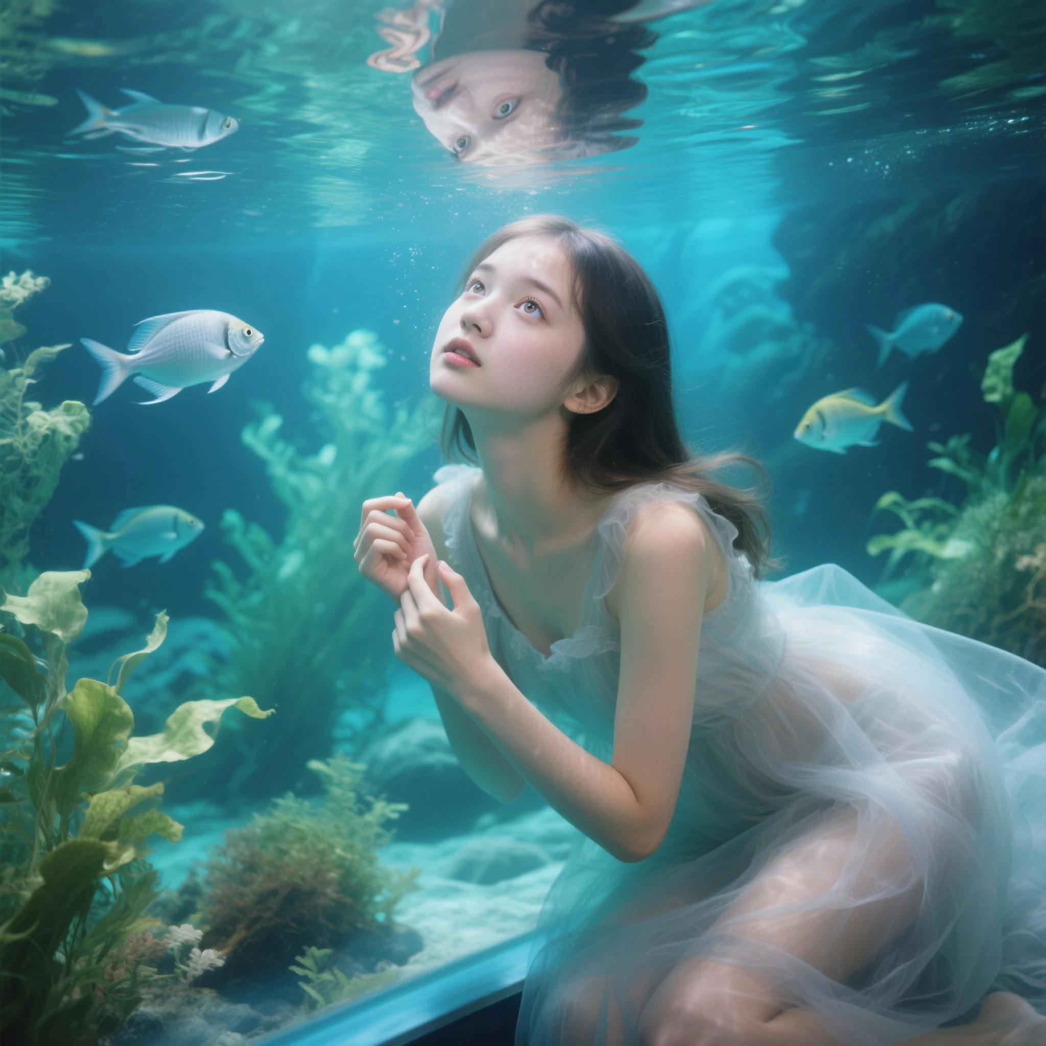 Create a high-resolution image of a young, delicate female blue-skinned alien from the movie "Avatar," swimming underwater surrounded by fish. She should have intricate, sparkling head ornaments and be bathed in sunlight filtering through the water. The scene should be dynamic and immersive, capturing the vibrant, bioluminescent environment of Pandora. The overall atmosphere should be ethereal and awe-inspiring, reflecting the magical essence of the "Avatar" universe.