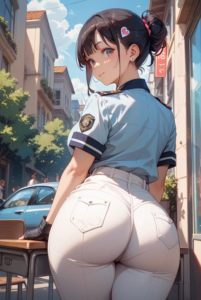 Female police officer uniform, Light blue short sleeve shirt, Navy tie,Ass from the back, panty shot, High Waist Mini Skirt,Panties dig into the buttocks, holster, White gloves, Police hat, handcuffs, Absurd, RAW Photos, Very delicate and beautiful, masterpiece, highest quality, Ultra-high resolution, 32k, Surreal, Super detailed, Milky skin, 20-year-old, Earrings, Wavy Hair, Full Body Shot, Black Hair, Deep Purple Eyes, 