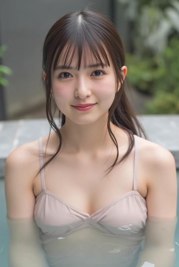 Tabletop, Highest quality, figure, Very detailed, In detail, High resolution, 8k wallpaper, Perfect dynamic composition, Beautiful attention to detail, dress,Medium Hair, Natural color lip, Random sexy poses,smile,Hakone、20-year-old、hot spring