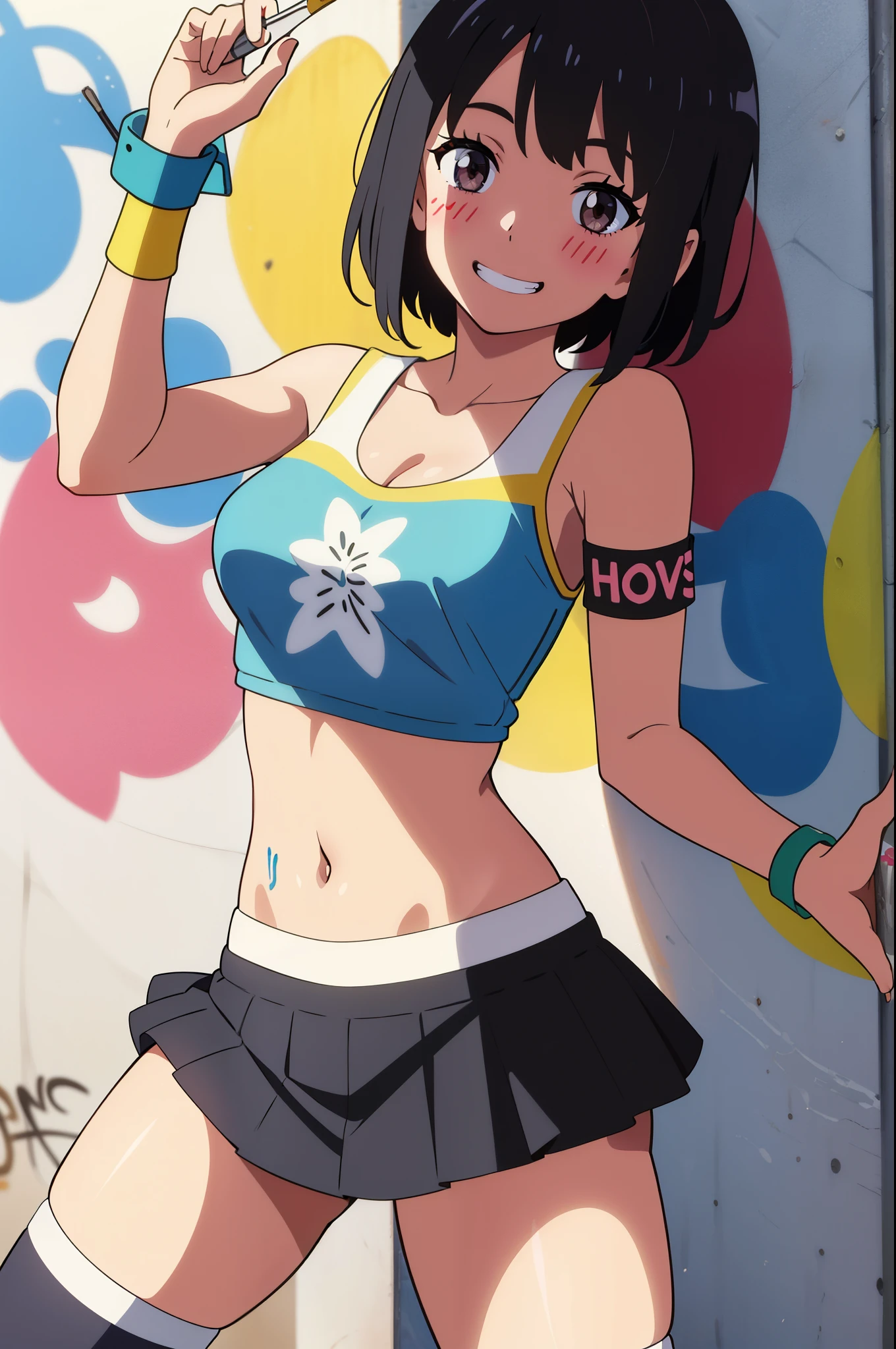 1 hot girl, whithe skin, black eyes, grin, gorgeous, korean, short bob, school girl, young teen, small breasts, navel, exposing clothes, cheerleader, hand behind head, armpits, tight body