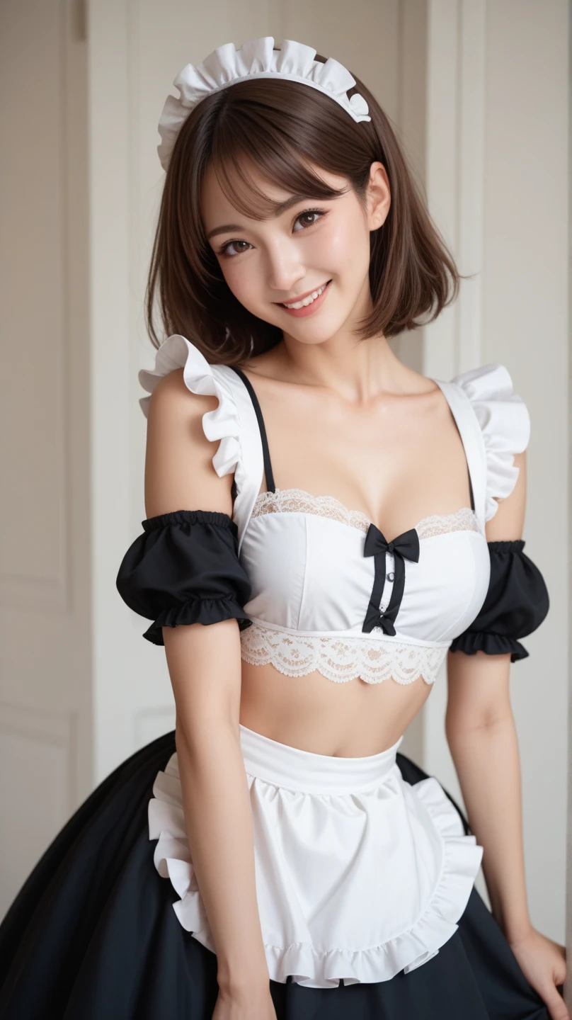 Painted smoky makeup, eye shadow, Maid girl in pastel colors, Silky hair, Wearing hair accessories or earrings, Sweet smile. She wore a maid skirt, White stockings on her legs, and lace gloves. Scenes are random.Colossal 、cleavage of the breast、model poses、Random hairstyles、
