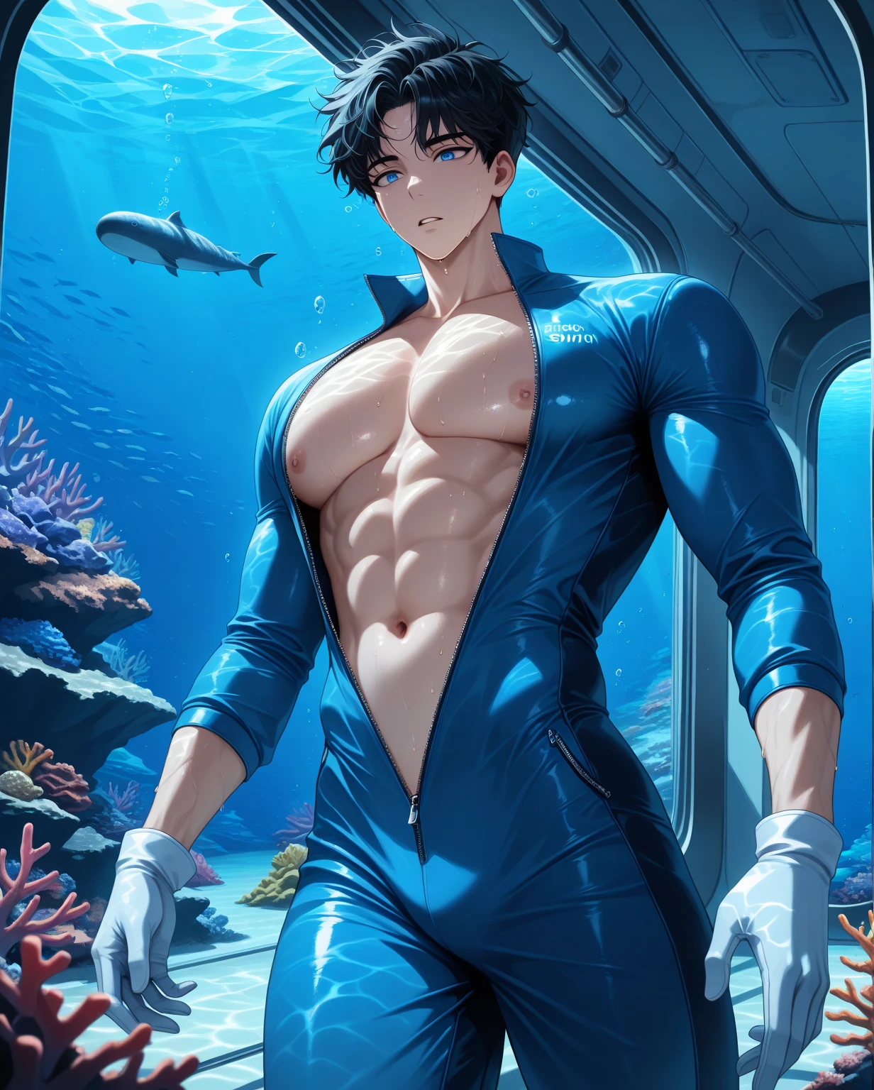 Masterpiece, light blue sticky slime pool, highest quality, gay, yaoi, male, multiple slime boys, monster boy, slime boy, smiling face, blue slime, clear light blue slime body, Slime covered slime body, thick eyebrows, no whites, aquamarine eyes, clear light blue skin, gently melting jelly light blue skin, inhuman appearance, human slime, muscular blood vessels, male only, adult male, handsome, gay, yaoi, super muscular guy, bulging chest, excess muscle, giant trapeze, giant pectoral muscle, huge pectoral muscle, hyper pectoral muscle, huge biceps, huge broad Back muscles, big back muscles, huge buttocks, huge overdeveloped muscles, monster muscles, beefcake, 30 year old mature man, manly looking, manly hairstyle, short cropped light blue melting jelly head, dissolving Slime texture, mucus splashes, large splashes, latex swimming briefs, (outline of lid, swelling of underwear), suspenders, under chest belt, chest belt, chest harness, garter belt, water bottle hanging around waist, life jacket , a lifeguard, a beach inspector, a yellow latex sleeveless rash guard, Light blue slime-like transparent sun visor, a red life jacket, and a small white whistle around your neck. Swimming goggles, lying on a bed of slime, multiple light blue slime-like aquatic animals,