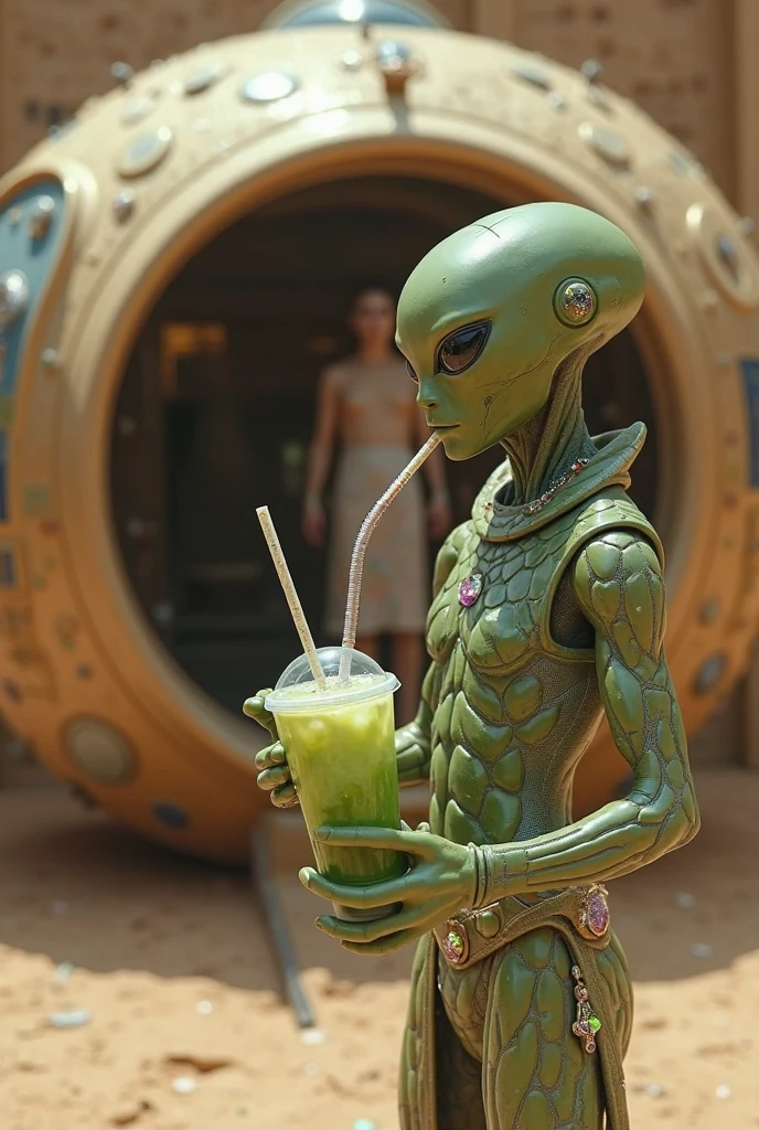 cinematic film still Alien sitting in the cafe thinking of life and drinking coffee, RAW photo, (high detailed skin:1.2), 8k uhd, dslr, soft lighting, high quality, film grain, Fujifilm XT3 . shallow depth of field, vignette, highly detailed, high budget, bokeh, cinemascope, moody, epic, gorgeous, film grain, grainy