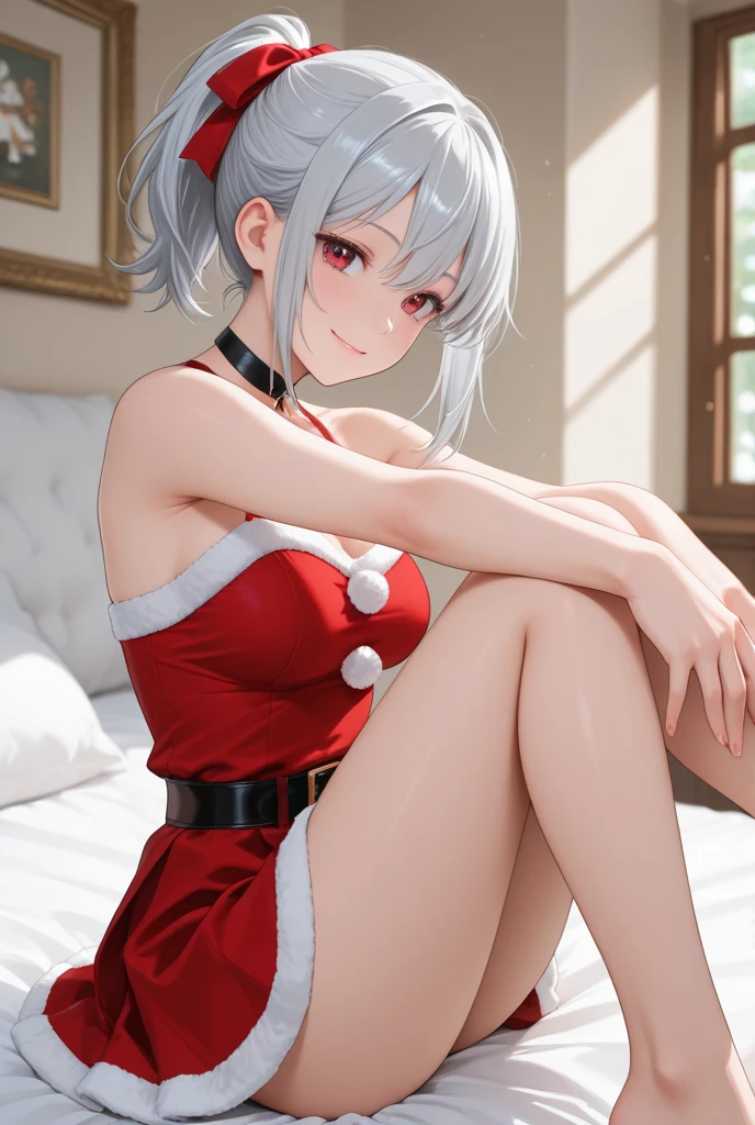 1girl , Silver medium hair, purple eyes, cute, blush, medium breasts, christmas, christmas underwear, bedroom, hentai, night, christmas cosplay
