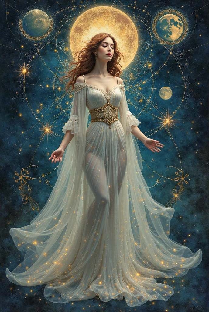 realistic, (masterpiece, top quality, Best quality, official art, beautiful and aesthetically pleasing: 1.2), very detailed, fractal art, colorful, The most detailed, (abstract background: 1.5) (1 short stocky chubby goddess girl with aesthetic small breasts: 1.3), tousled shaggy slightly wavy dark brown hair, Bright brown eyes, glasses with lenses, serious, medium length hair, divinely beautiful face, short stature, short stocky torso with an inconspicuous waist, rounded split hips, beautiful legs and arms, Graceful fingers, silk airy almost transparent white robe, Milky Way, huge magical bronze and silver globe for Virgo, dream,Fantasy, bronze and silver round finish,beautiful detailed sky,Style and jewelry for Virgo, goddess with a globe in her hands,(Nsfw:0.8) Delicate reflective high glass railings