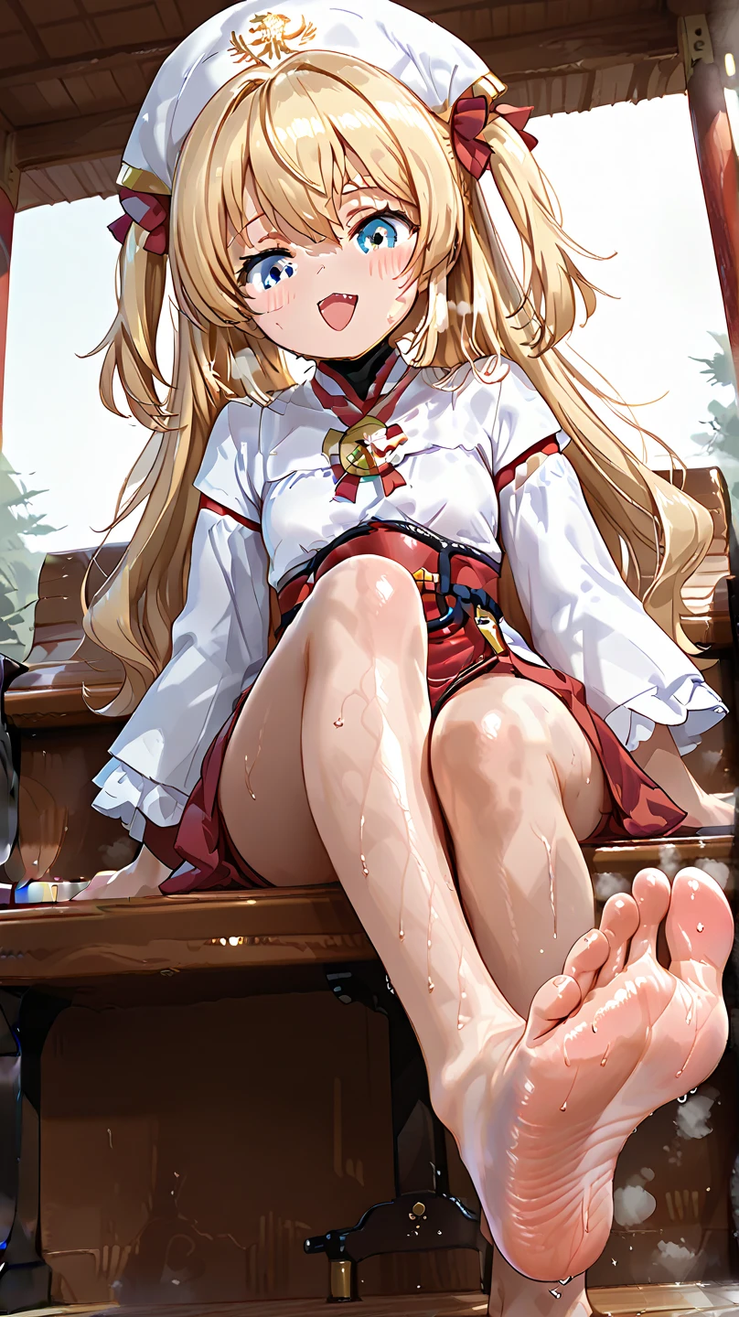 (masterpiece, Highest quality:1.2), alone, One girl, 幼いchildのゴールドシップ, pillbox hat、Red dress、No sleeve、Knee-high socks、Horse tail,、grassland、Nature、blush、(Huge breasts:1.4)、Transparent clothes、Clothes are see-through、、Kindergarteners、、、、の小さな体、From below、Clothes get wet、Nipples are visible、Close your eyes and laugh、smile、Open your legs、Spread your legs、Sit on a chair、Striped underwear、is see-through、Skirt lift、Drip a large amount of love juice、Massage the breasts