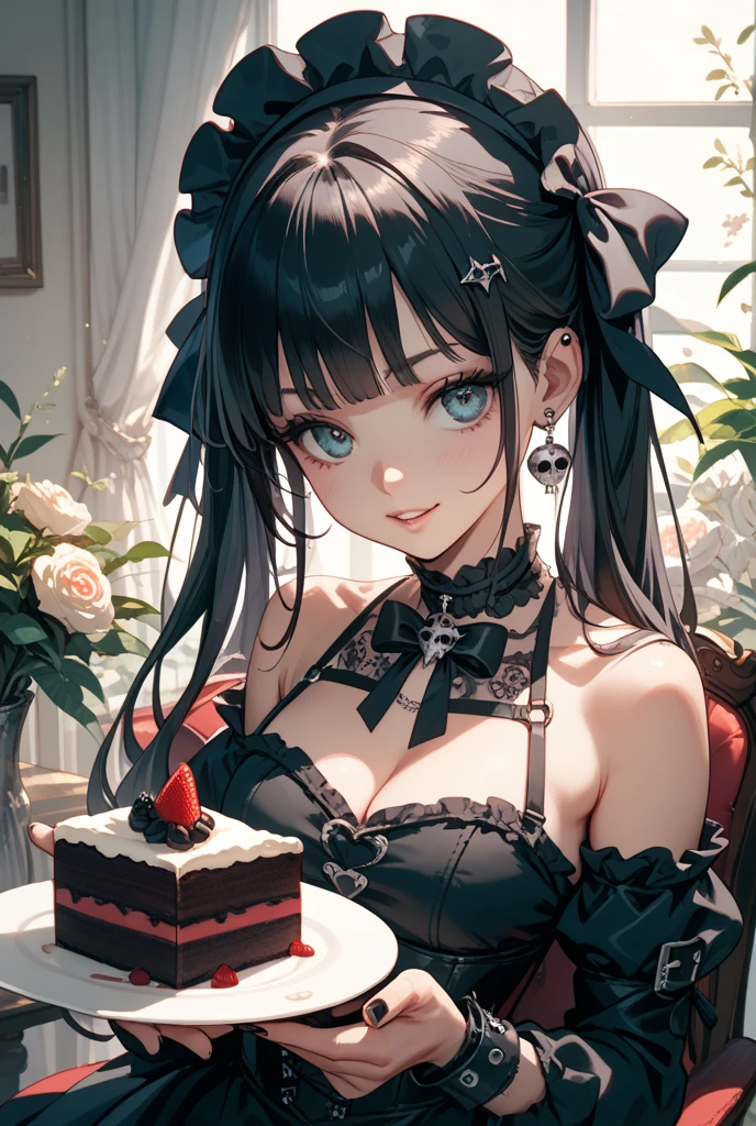 high quality, masterpiece, super detailed, 1 girl,,extremely detailed faces, black lace bikini,Maid tiara,handcuffs,collar,Calm expression,Smile,handcuffs,collar,long black hair, charming pink eyes, fox ears, Ridiculously big, shiny skin, Dining room,Stand in front of the counter