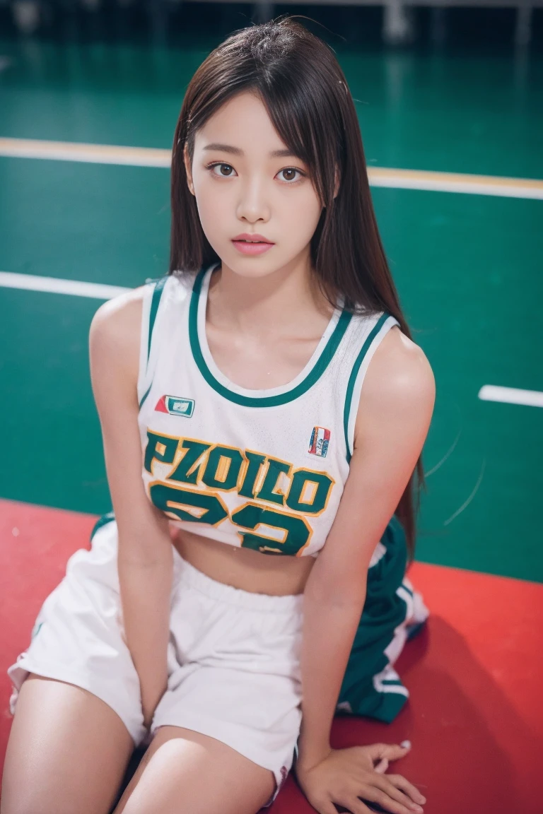 8k, masterpiece, RAW photo, best quality, photorealistic, extremely detailed CG unity 8k wallpaper, Depth of field, Cinematic Light, Lens Flare, Ray tracing, (extremely beautiful face, beautiful lips, beautiful eyes), intricate detail face, ((ultra detailed skin)), best quality, Masterpieces, Super high resolution, (photograph realistic:1.5), Original image, 1 girl, sexy look, big , cleavage, show her six pack abs, big hips, big thighs, bend over pose, wavy and long hair,Wear Basket ball uniform, In the basket ball court.