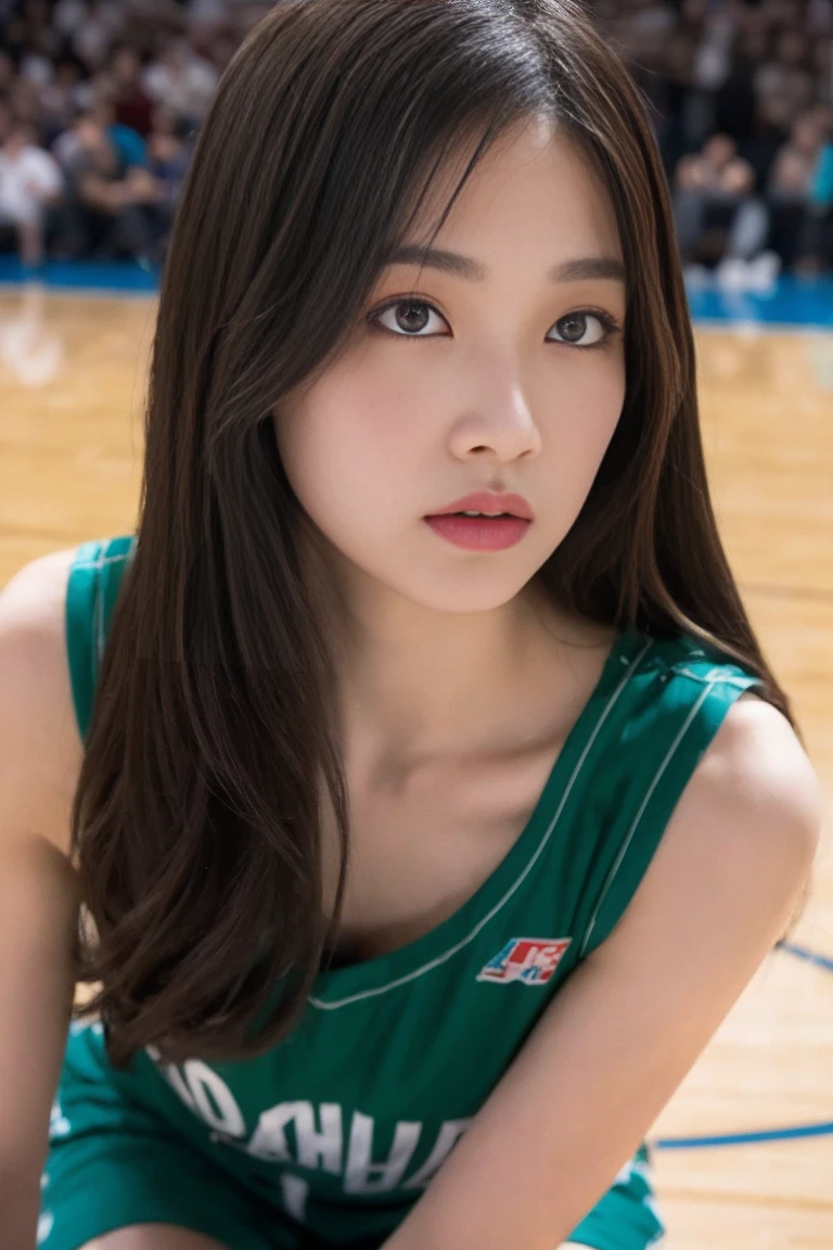 Highly detailed CG unity 8k wallpaper, of the highest quality, Super detailed, masutepiece, Realistic, photographrealistic, extremely detailed cute girl, 25yo, cleavage , (perspired) ,  Round eyes, peeping at the viewer,  Blush, Smile, parted lip, Semi-body shot , Realistic、track suit、Realistic reproduction with vests ,  Panties , Squat, sports gym
