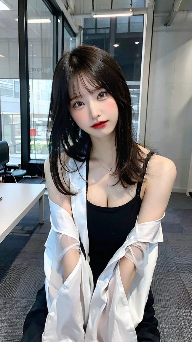 Highest quality,Black Bob, (RAW Photos, Photorealism), (Very dark lip gloss, jet black lipstick, Lots of eyelashes, jet black eyeshadow, Watery eye, cry, anger, high quality, High resolution, Depth of written boundary, chromatic aberration, Natural Color, Caustics, Midnight, dark, Japan, woman,), necklace, 独身woman, choker, Earrings, bracelet, Soft Big, White blouse, Good style, Slim figure, Clearly visible hints, whole body, barefoot, See-through bra, The body line is very sexy, Spread your legs wide, Protruding, On duty, office worker, Very exposed skin, the tip is clearly visible, The areola is visible, The genitals are clearly visible, Spread your legs wide