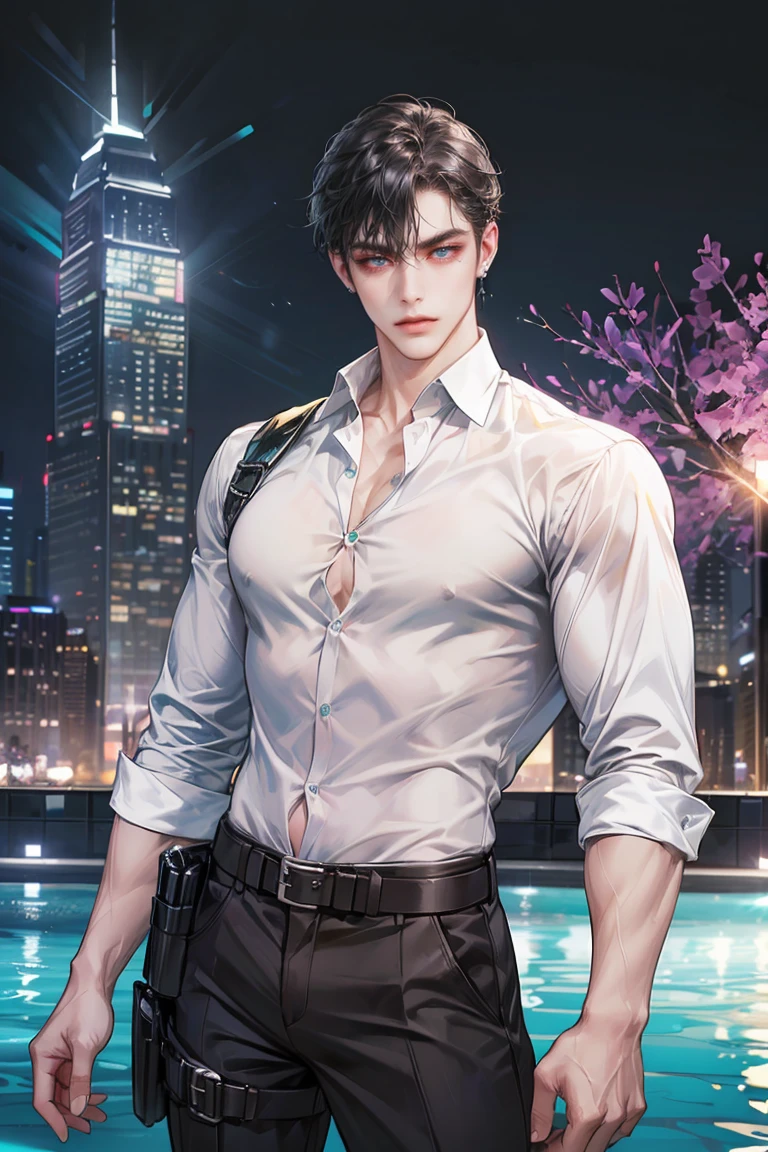 (absurdres, highres, ultra detailed, original character, HDR), 1 boy, solo, adult, handsome, ((tall muscular guy, broad shoulders)), finely detailed eyes, (black hair), hair between eyes, turquoise eyes, holographic, futuristic, casual and sexy outfit, gun holster, (body tight white shirt), ((large man breasts)), ((wearing an earring)), (portrait), dutch angle, face focused, british colonial scenery, dystopian hong kong city, skyscrapers, closed mouth, looking at viewer, depth of field, bokeh