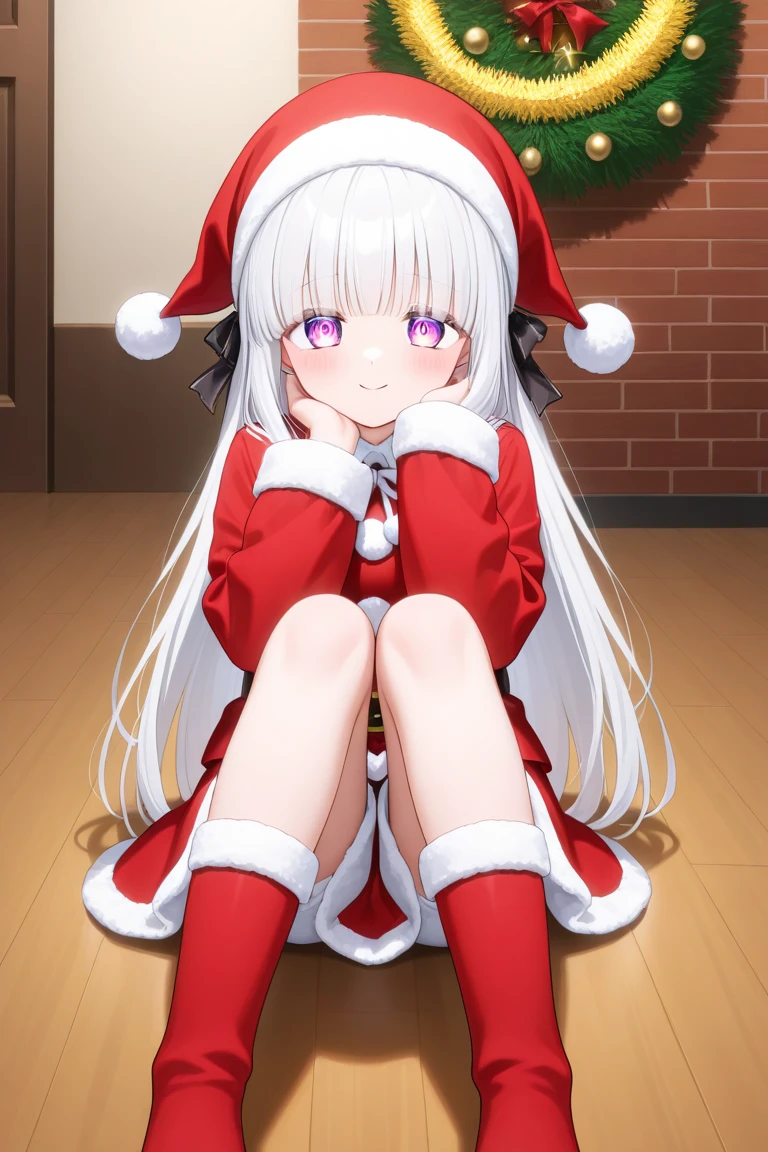 re:zero, emilia, gray hair, masterpiece, amazing, 8k, detailed, 1girl, purple eyes, (white tights), falling snowflakes, sitting, ((Christmas hat)),, happy