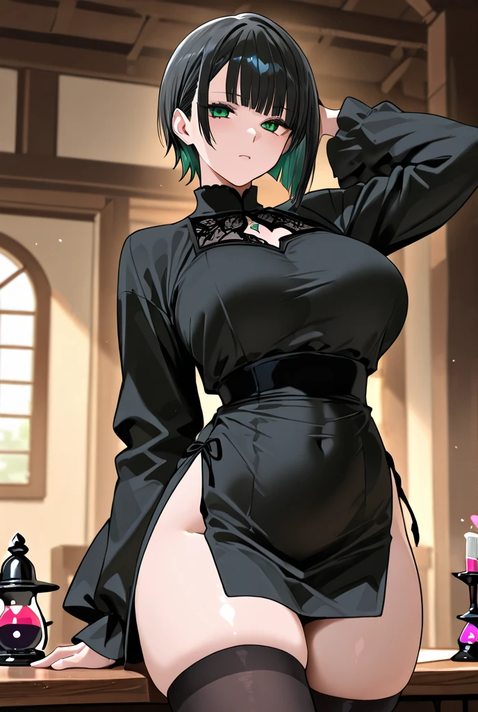 black haired girl with green eyes and voluptuous