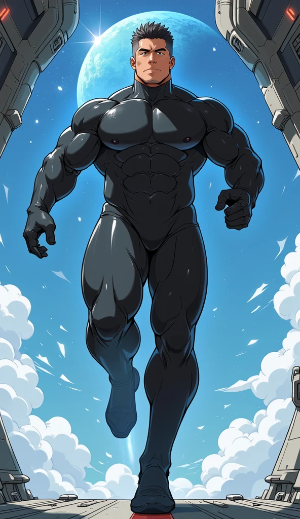 NSFW, Solo, male, space, daddy tyrannosaurus, massive, enormous, tall, huge, wide, thick, buff, giant biceps, huge pecs, muscular, by bebebebebe, smirking, smug expression, big tail, thick tail, grin, sweaty, large chin, massive jaws, thick neck, strong lower jaw, extremely hung,
