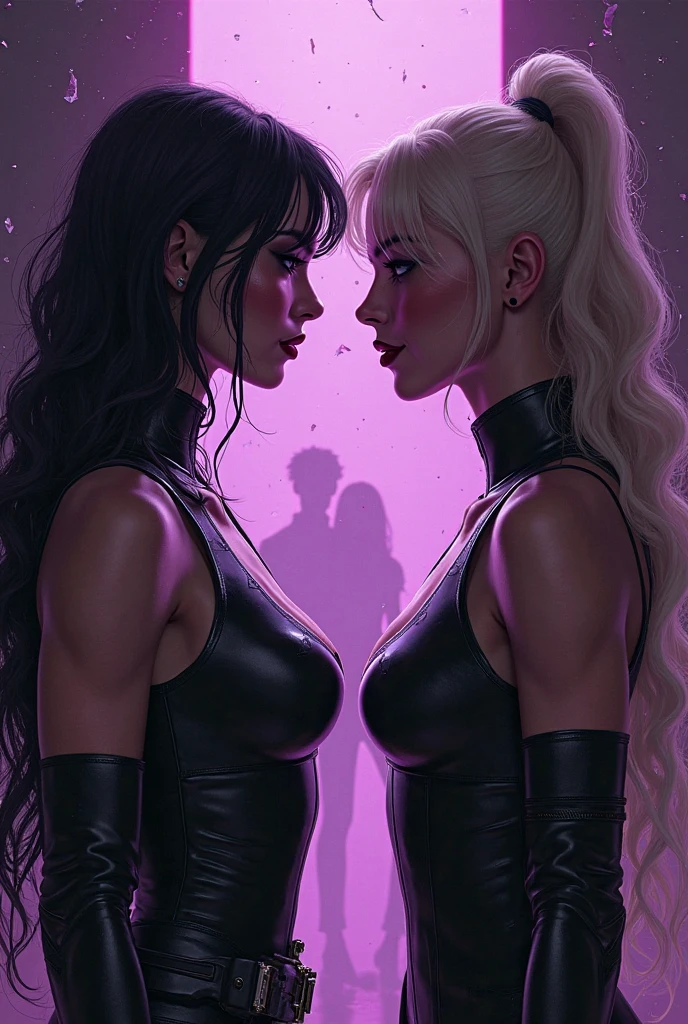 An ultra realistic digital art full body portrait of Marvel's Elektra Natchios and Marvel's Black Widow standing close looking deep into each other's eyes, body to body, kissing each other, side view, big emphasis on seductively smiling juicy lips with lipstick, clearly detailed brown eyes, sexy character, badass female character, female character, full body details, full character bodies, character art, leaked image, face close-up shot, seductive expressions