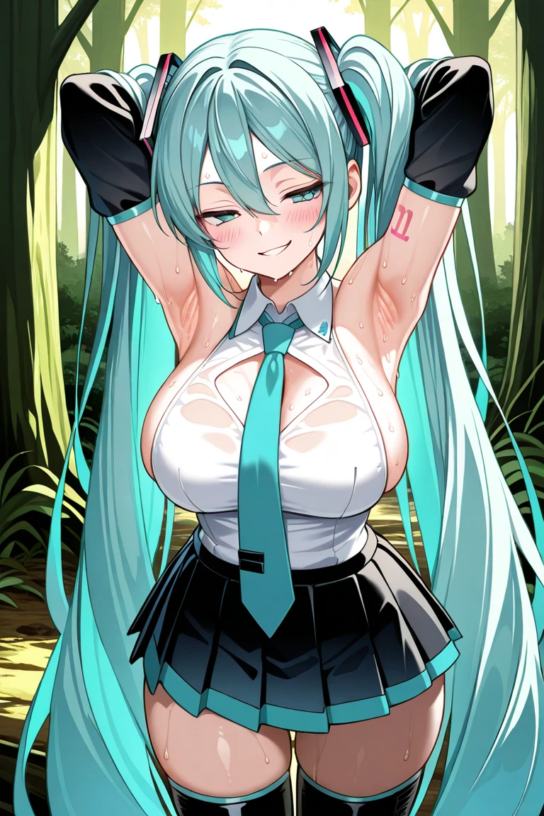 Anime girl with blue hair and black top posing in front of mirror, Os amigos, Hatsune Miku, seductive anime girls, sona is a slender, mikudayo, Portrait of Hatsune Miku, Hatsune Miku short hair, hatsune miku portrait, Teasing smile, Also, hatsune miku face, an oppai cyberpunk, By :5 sexy: 7, during night!!