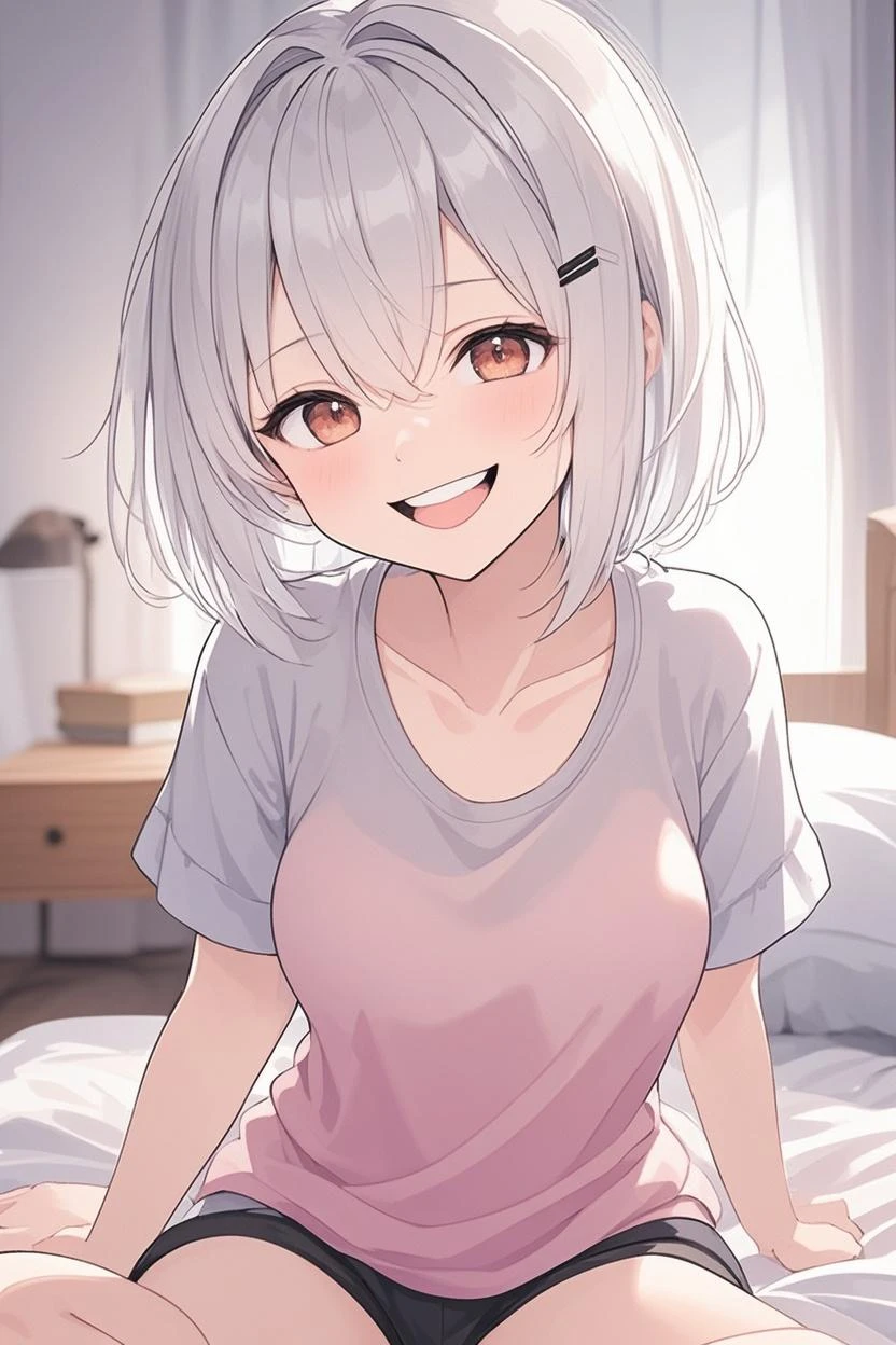 Woman, White Hair Short, Sexy, With just one shirt, Excited, Wake up, Bed, Morning, House, High details, 4K, Masterpiece